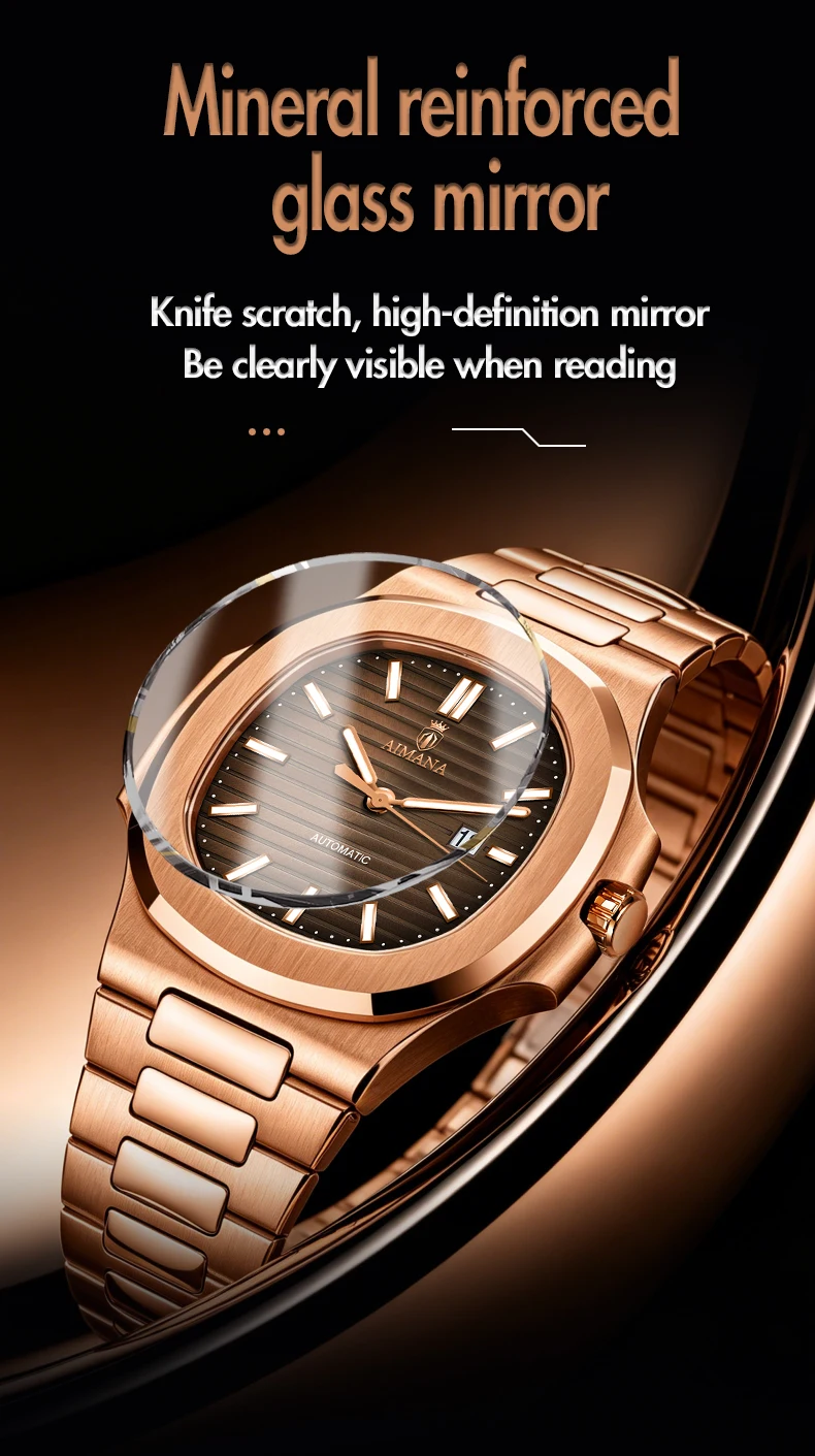Luxury AIMANA Mens Automatic Watch Stainless Steel Strap Waterproof Luminous Date Calendar Rose Gold Nautilus Style Business Cas