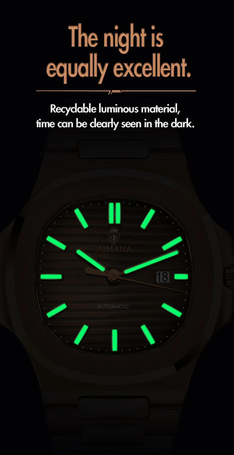 Luxury AIMANA Mens Automatic Watch Stainless Steel Strap Waterproof Luminous Date Calendar Rose Gold Nautilus Style Business Cas