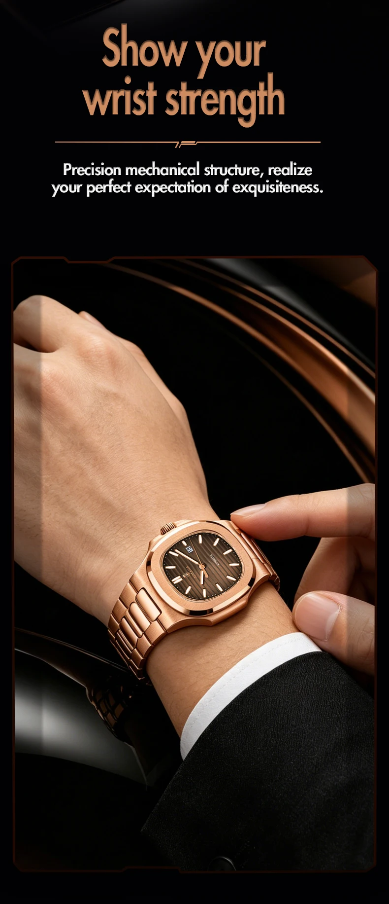 Luxury AIMANA Mens Automatic Watch Stainless Steel Strap Waterproof Luminous Date Calendar Rose Gold Nautilus Style Business Cas