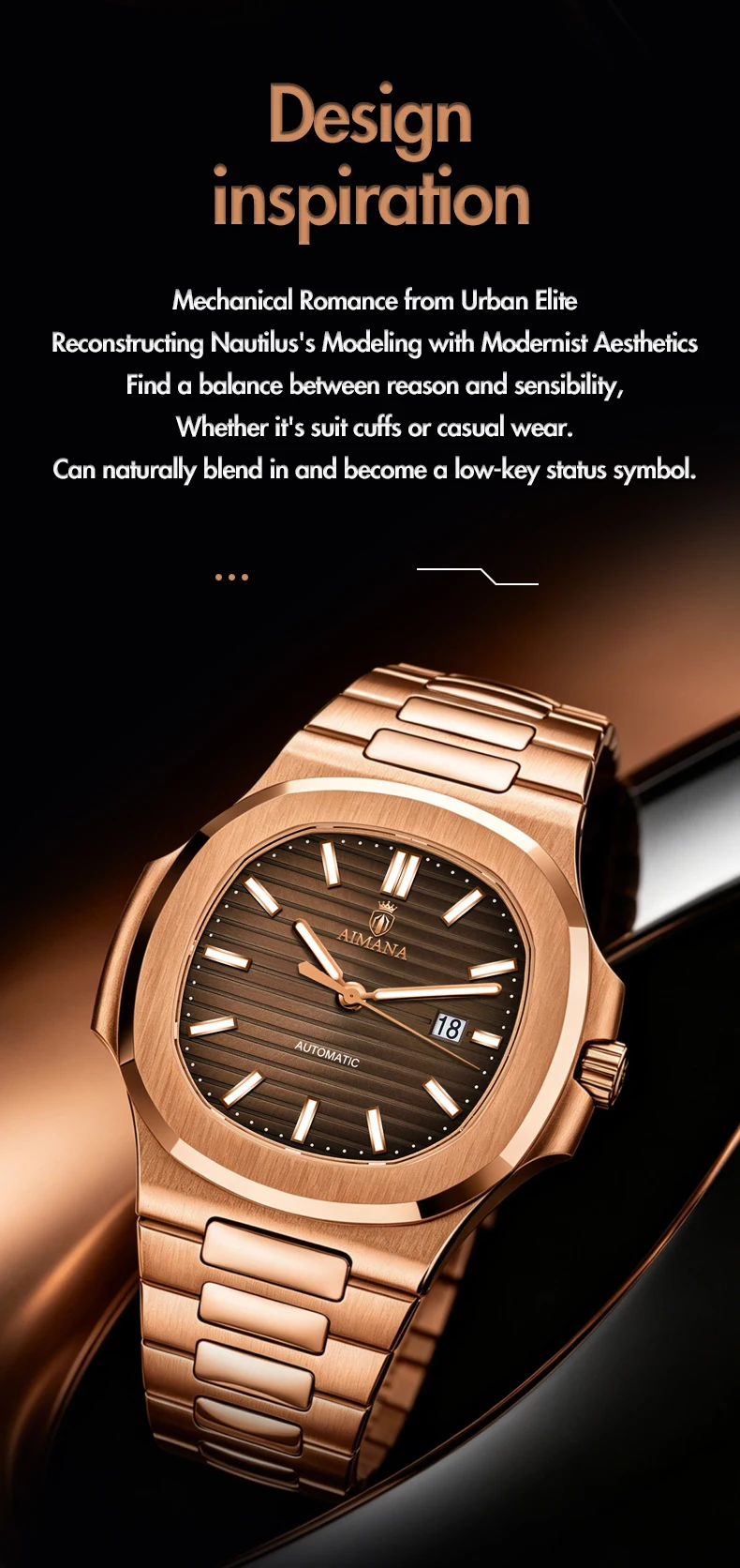 Luxury AIMANA Mens Automatic Watch Stainless Steel Strap Waterproof Luminous Date Calendar Rose Gold Nautilus Style Business Cas
