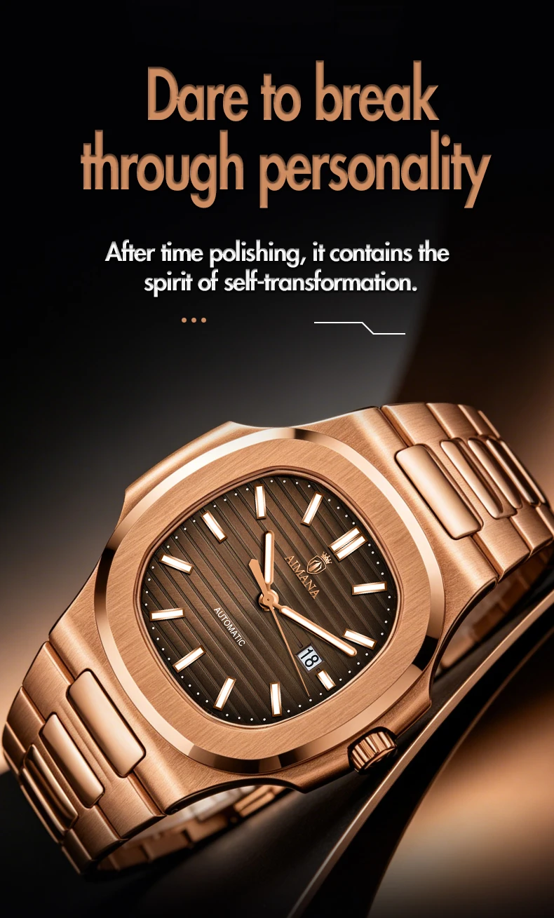 Luxury AIMANA Mens Automatic Watch Stainless Steel Strap Waterproof Luminous Date Calendar Rose Gold Nautilus Style Business Cas