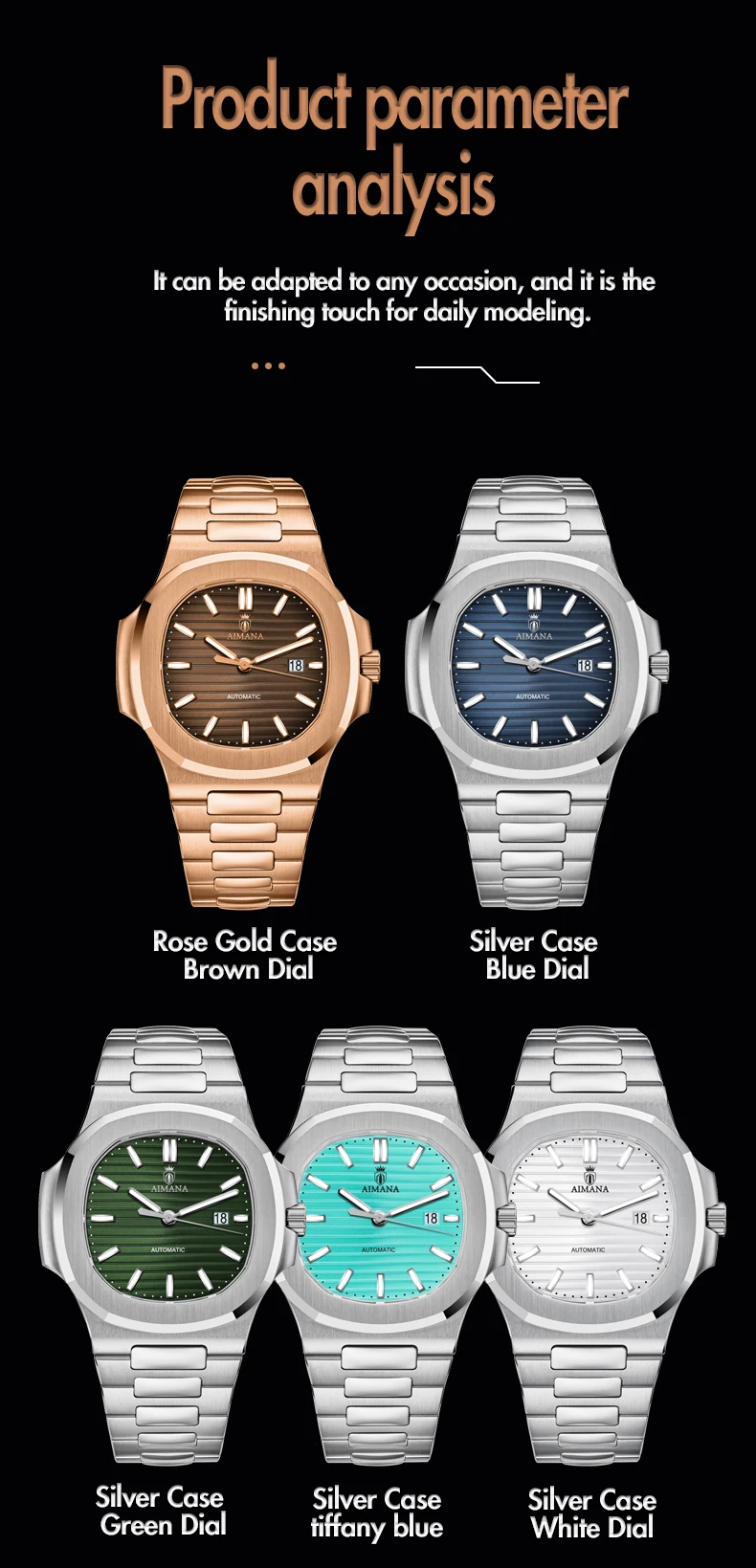 Luxury AIMANA Mens Automatic Watch Stainless Steel Strap Waterproof Luminous Date Calendar Rose Gold Nautilus Style Business Cas