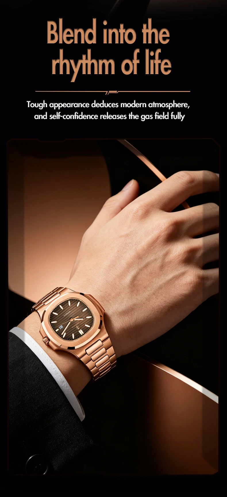 Luxury AIMANA Mens Automatic Watch Stainless Steel Strap Waterproof Luminous Date Calendar Rose Gold Nautilus Style Business Cas