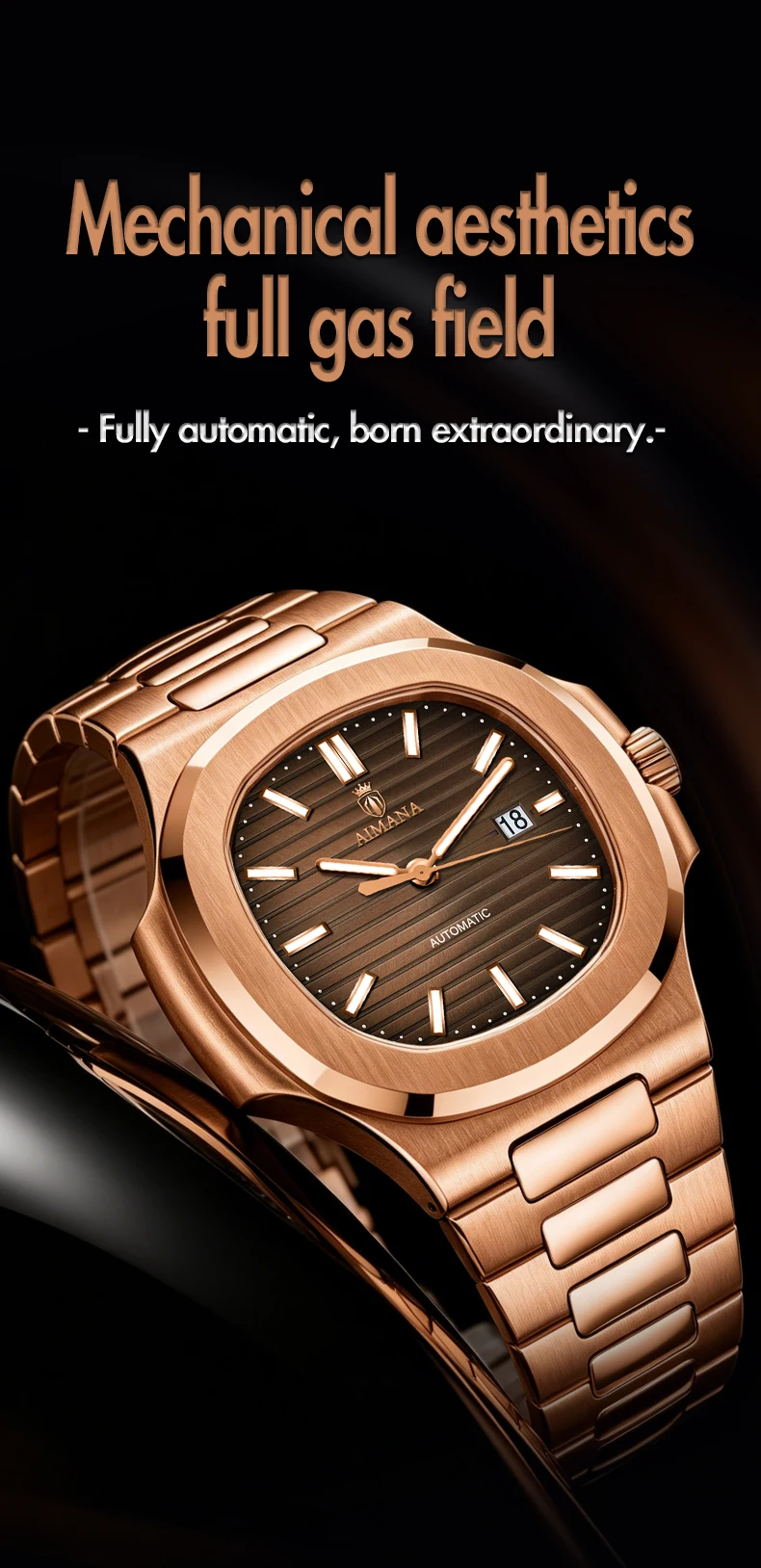 Luxury AIMANA Mens Automatic Watch Stainless Steel Strap Waterproof Luminous Date Calendar Rose Gold Nautilus Style Business Cas