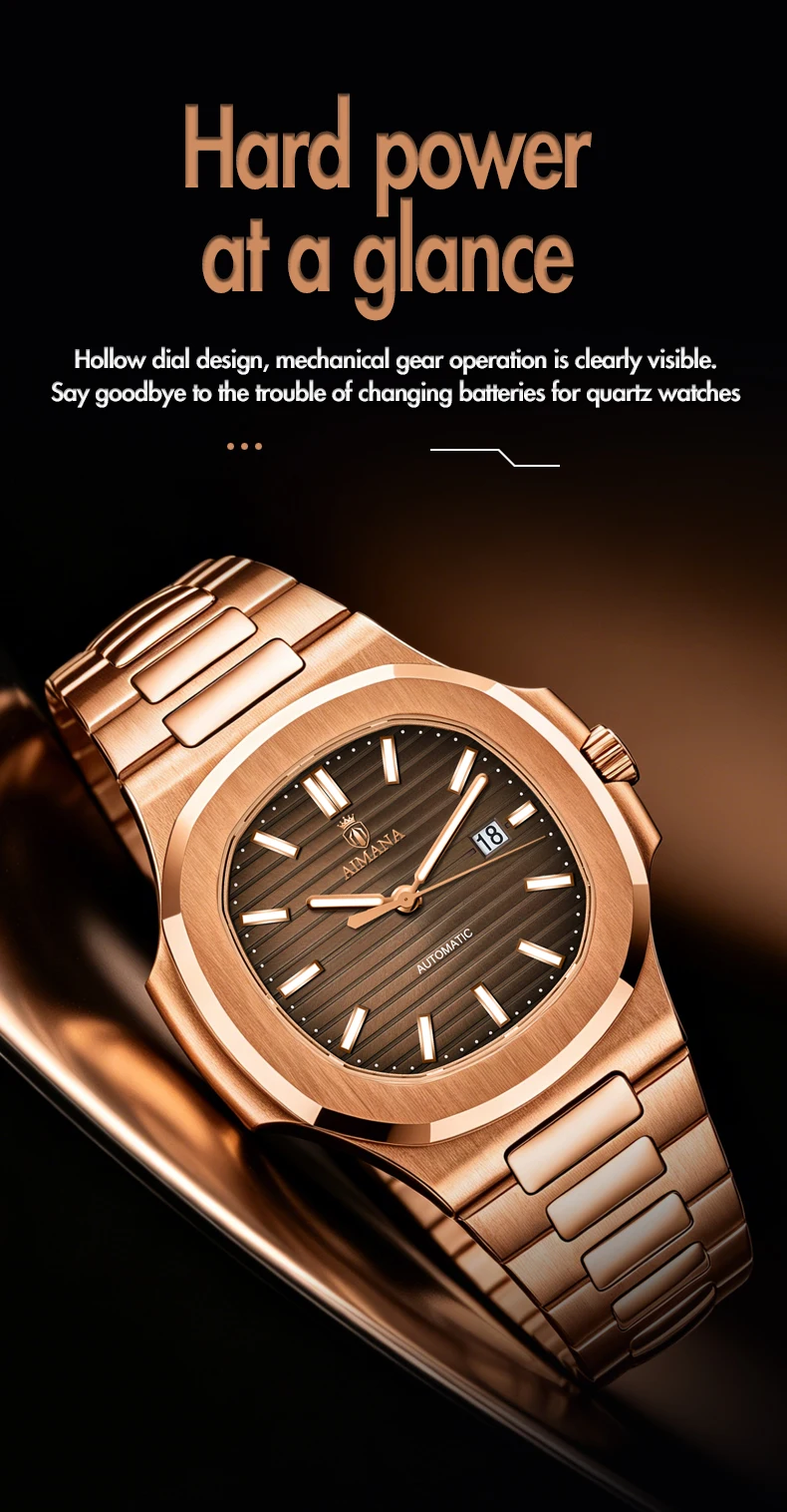 Luxury AIMANA Mens Automatic Watch Stainless Steel Strap Waterproof Luminous Date Calendar Rose Gold Nautilus Style Business Cas