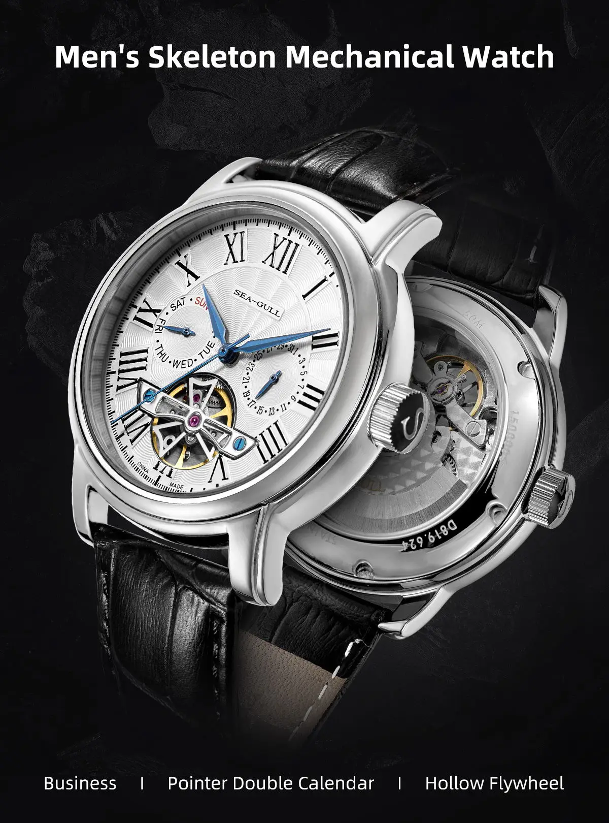 2026 New Seagull Men's Watch Automatic Mechanical Wristwatch Multi-Function Hollow Flywheel Business Simple Watch D819.622