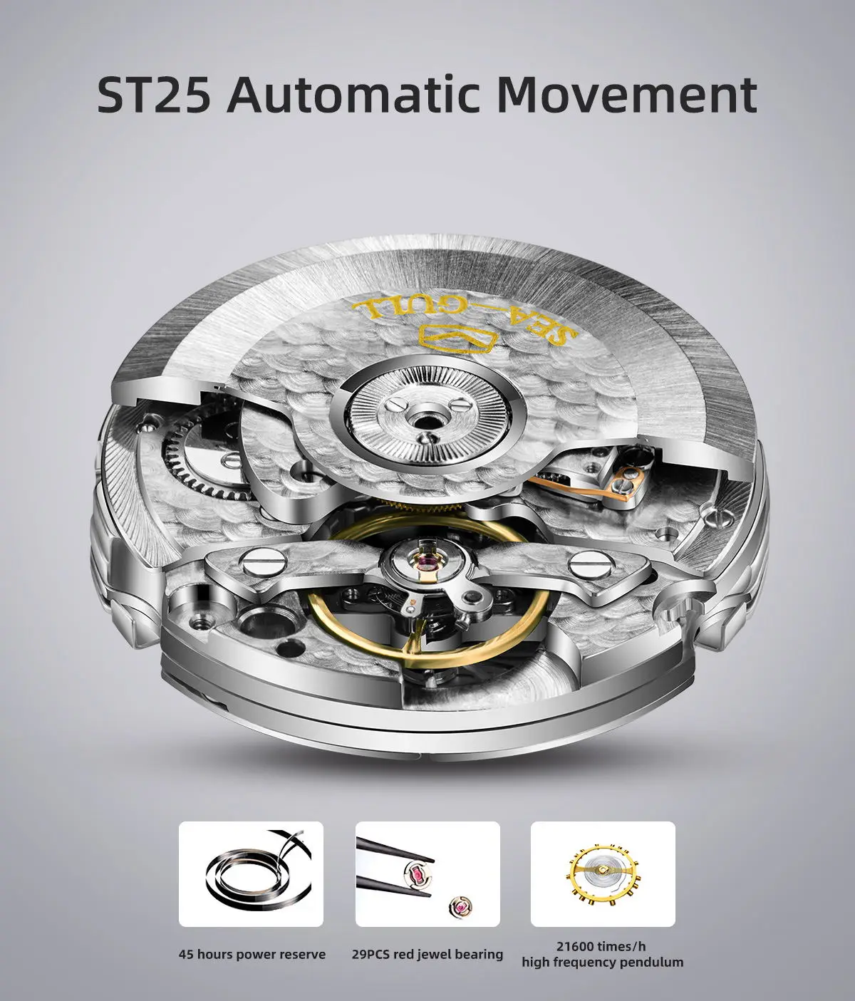 2026 New Seagull Men's Watch Automatic Mechanical Wristwatch Multi-Function Hollow Flywheel Business Simple Watch D819.622