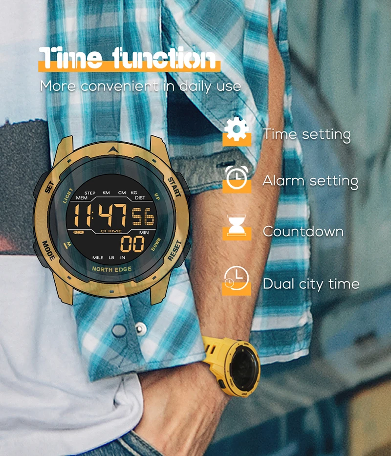 NORTH EDGE Mens Digital Watch Women Sportswatch Dual Time Running Pedometer Countdown Waterproof 50m Alarm Military Clock