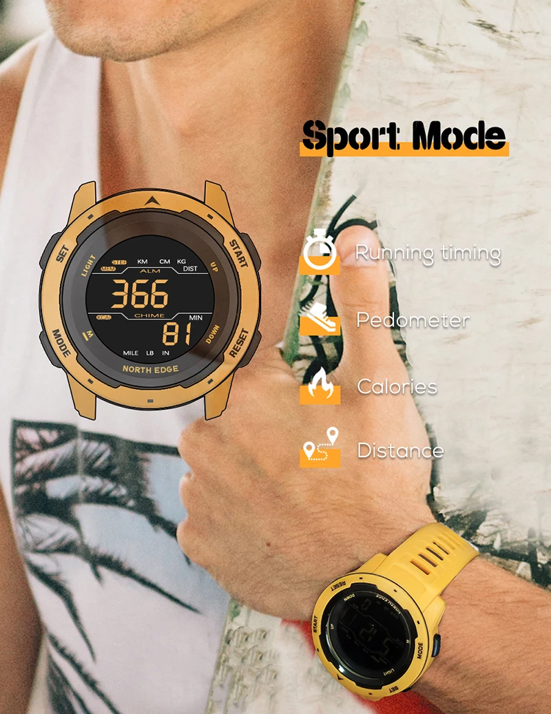 NORTH EDGE Mens Digital Watch Women Sportswatch Dual Time Running Pedometer Countdown Waterproof 50m Alarm Military Clock