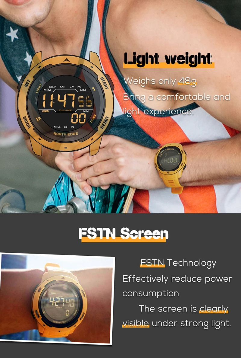 NORTH EDGE Mens Digital Watch Women Sportswatch Dual Time Running Pedometer Countdown Waterproof 50m Alarm Military Clock