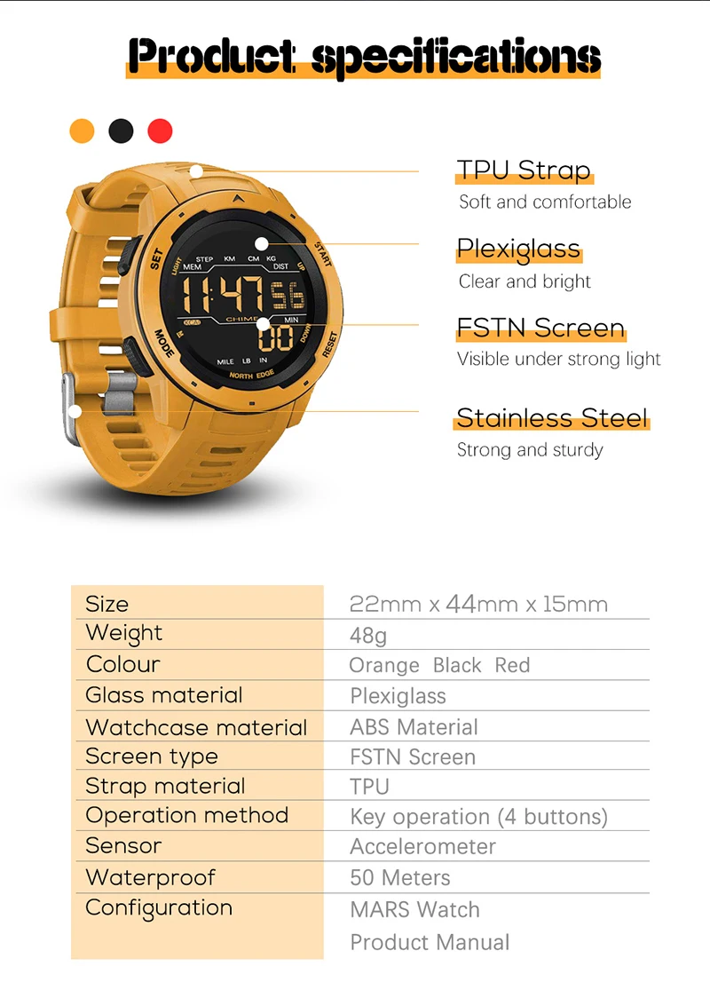 NORTH EDGE Mens Digital Watch Women Sportswatch Dual Time Running Pedometer Countdown Waterproof 50m Alarm Military Clock