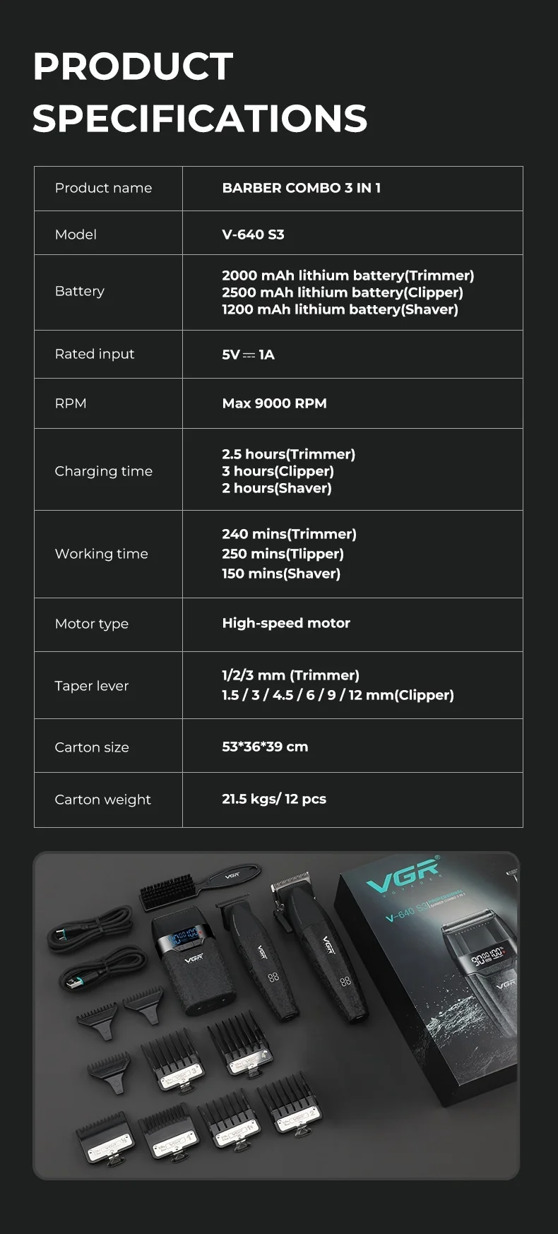 VGR Hair Trimmer Professional Hair Cutting Machine 9000 RPM Barber Shaver Cordless Hair Clipper LED Trimmer for Men V-640 S3
