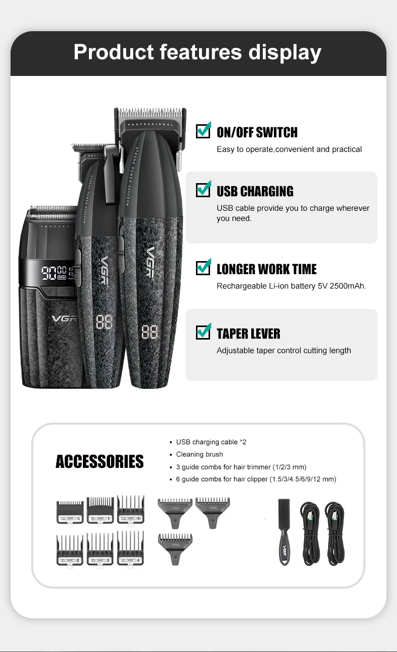 VGR Hair Trimmer Professional Hair Cutting Machine 9000 RPM Barber Shaver Cordless Hair Clipper LED Trimmer for Men V-640 S3