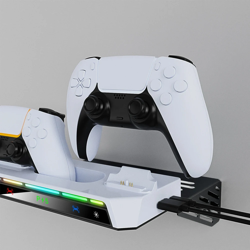 Wall Mount Kit For PS5/ Pro/ Slim Console with RGB Light Charging Station Headset Hanger For PS5 Dual Controller Accessories