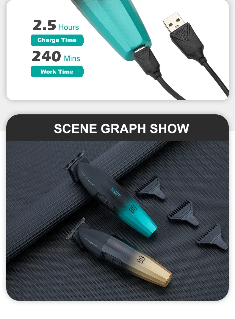 VGR V-906 Hair Salon Home Hair Trimmer Gradient Metal Body Hair Clipper Hair Carving LED Intelligent Digital Display Electric Pu