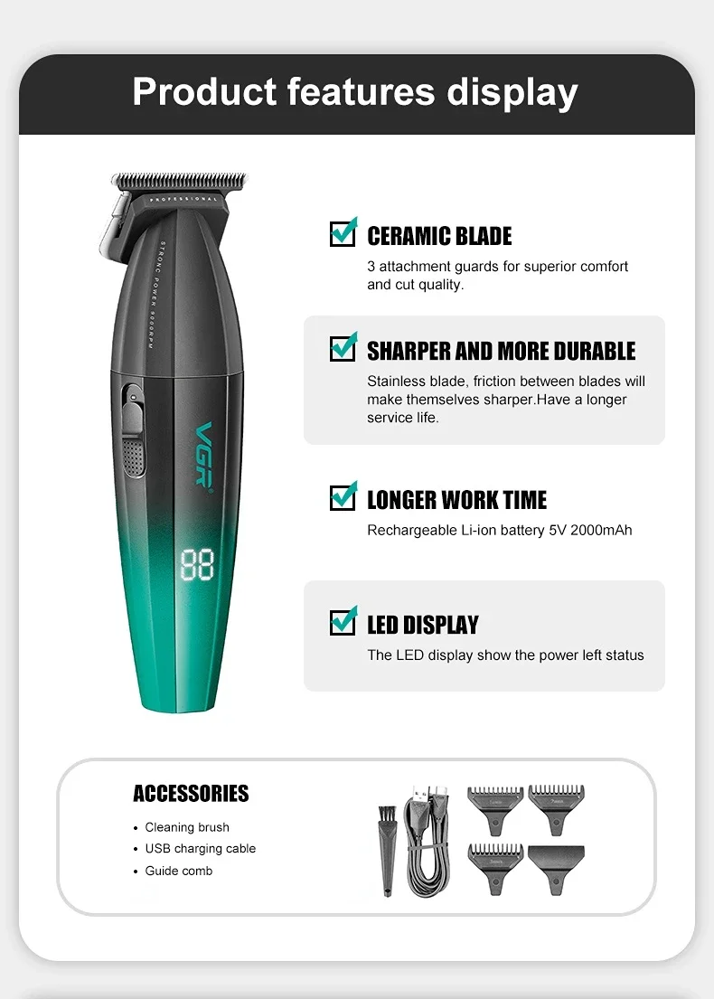 VGR V-906 Hair Salon Home Hair Trimmer Gradient Metal Body Hair Clipper Hair Carving LED Intelligent Digital Display Electric Pu