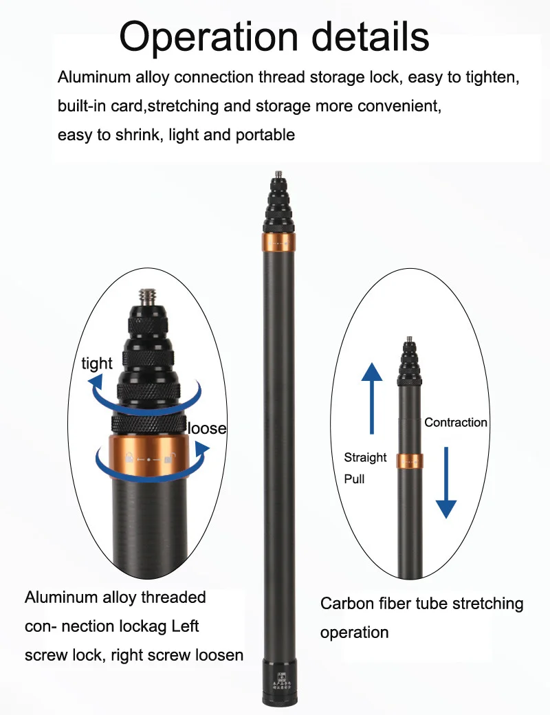 3m carbon fiber telescopic extension pole for 360Insta X54Gopro11/10 DJI Action5 For microphone recording and interview pole