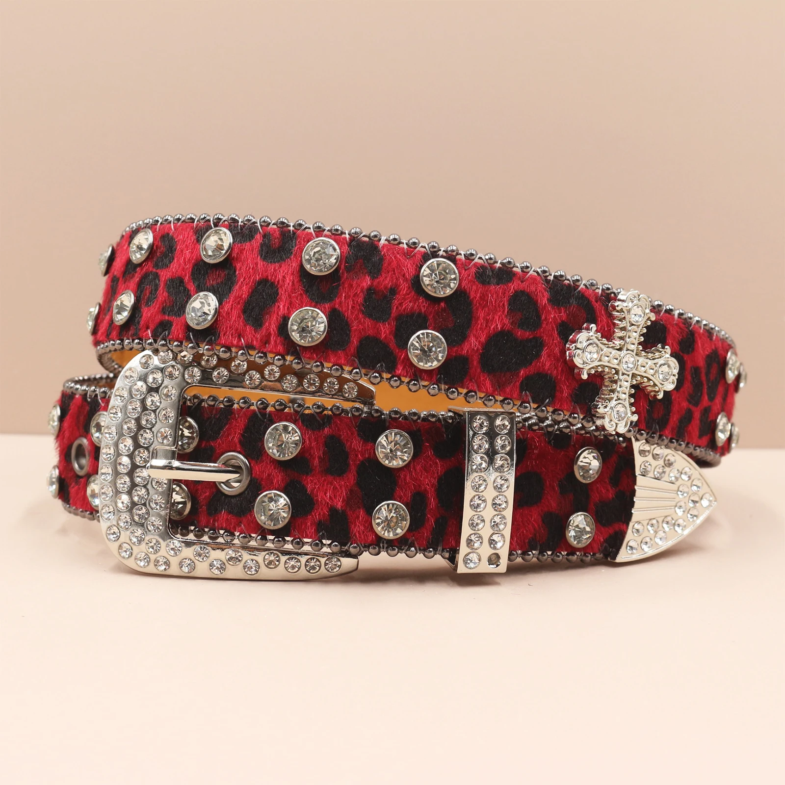 Leopard print Rhinestone Leather Belt for Men Women Large Size Belt Western Jeans Shiny Rivet Hip-hop Punk Rock Y2K Style