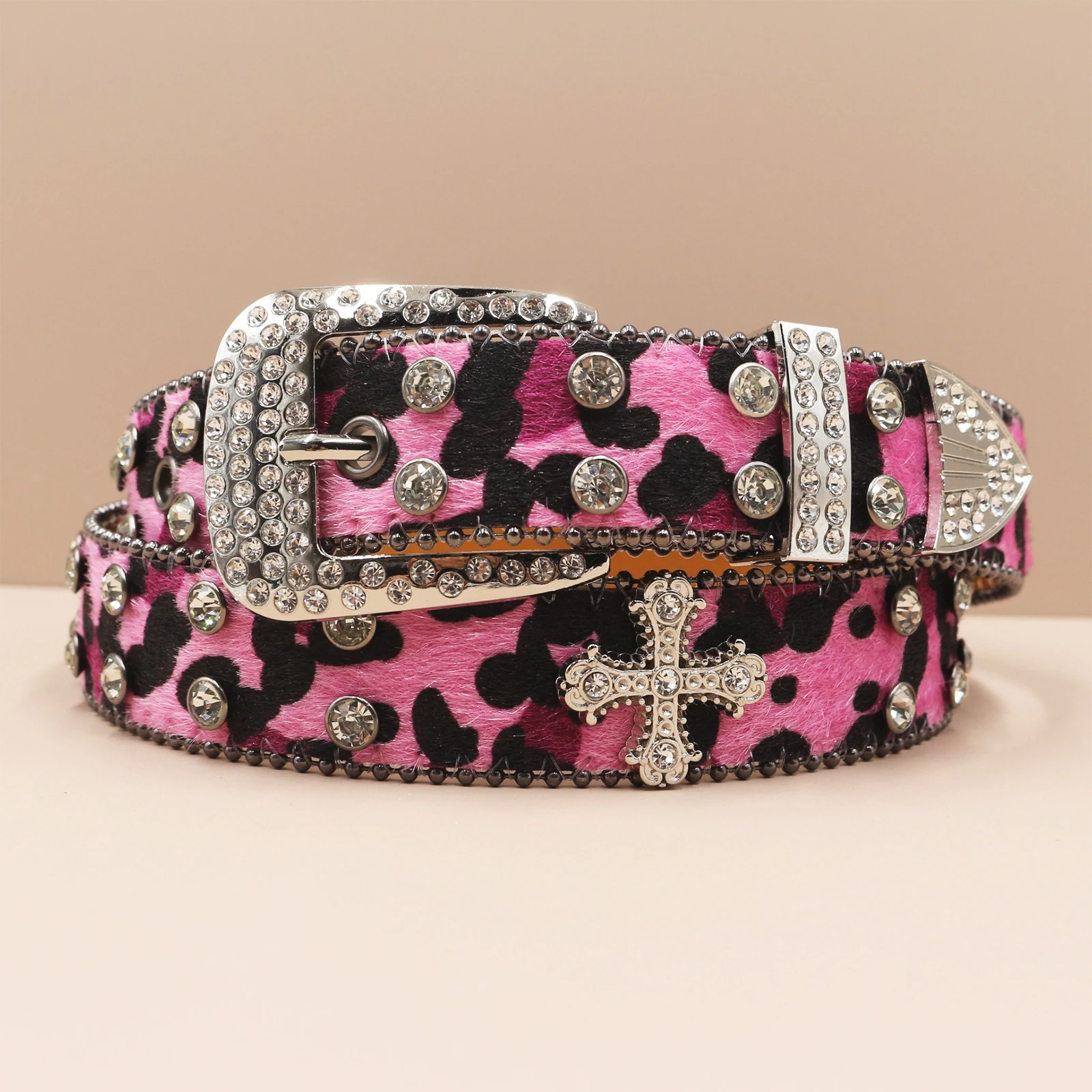 Leopard print Rhinestone Leather Belt for Men Women Large Size Belt Western Jeans Shiny Rivet Hip-hop Punk Rock Y2K Style