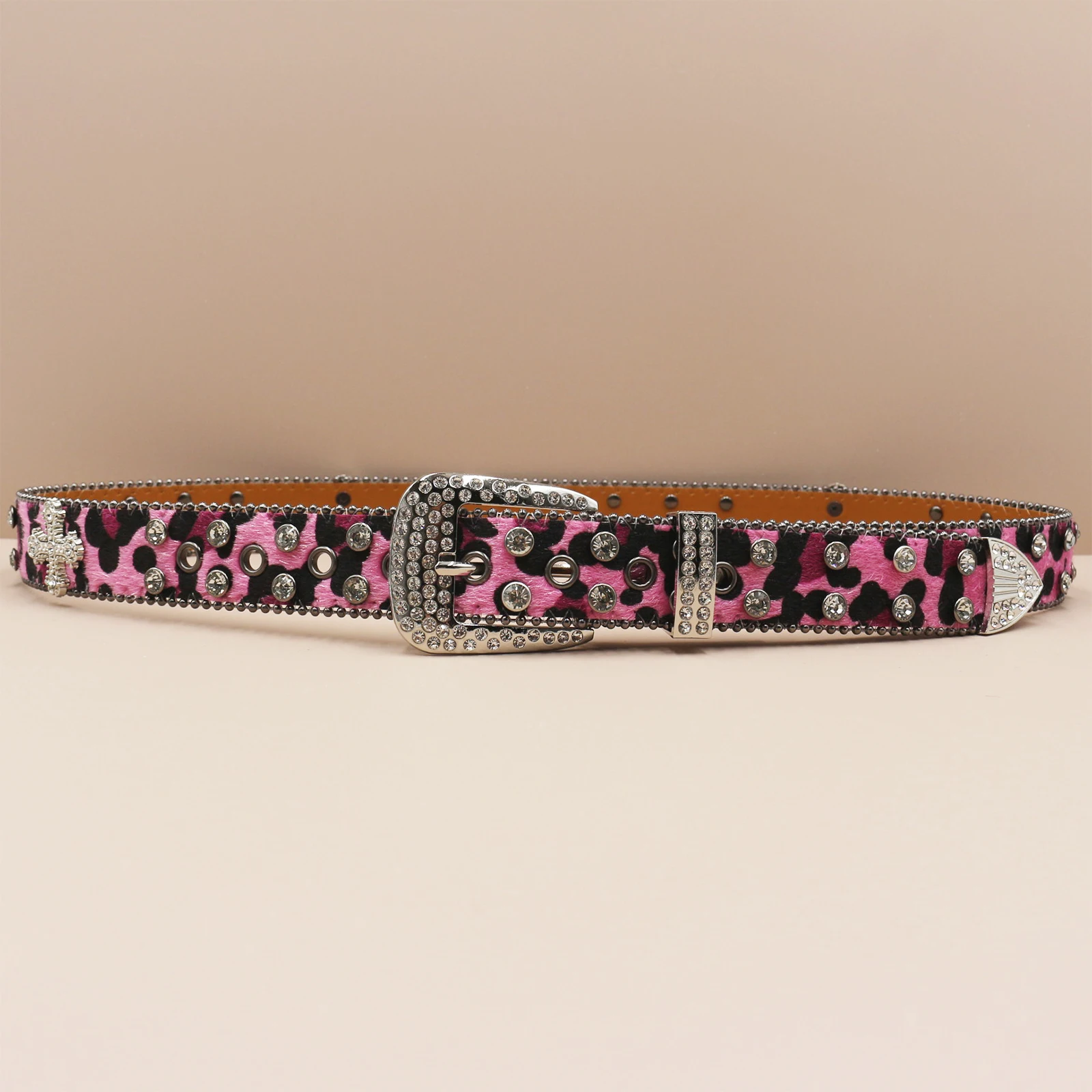 Leopard print Rhinestone Leather Belt for Men Women Large Size Belt Western Jeans Shiny Rivet Hip-hop Punk Rock Y2K Style