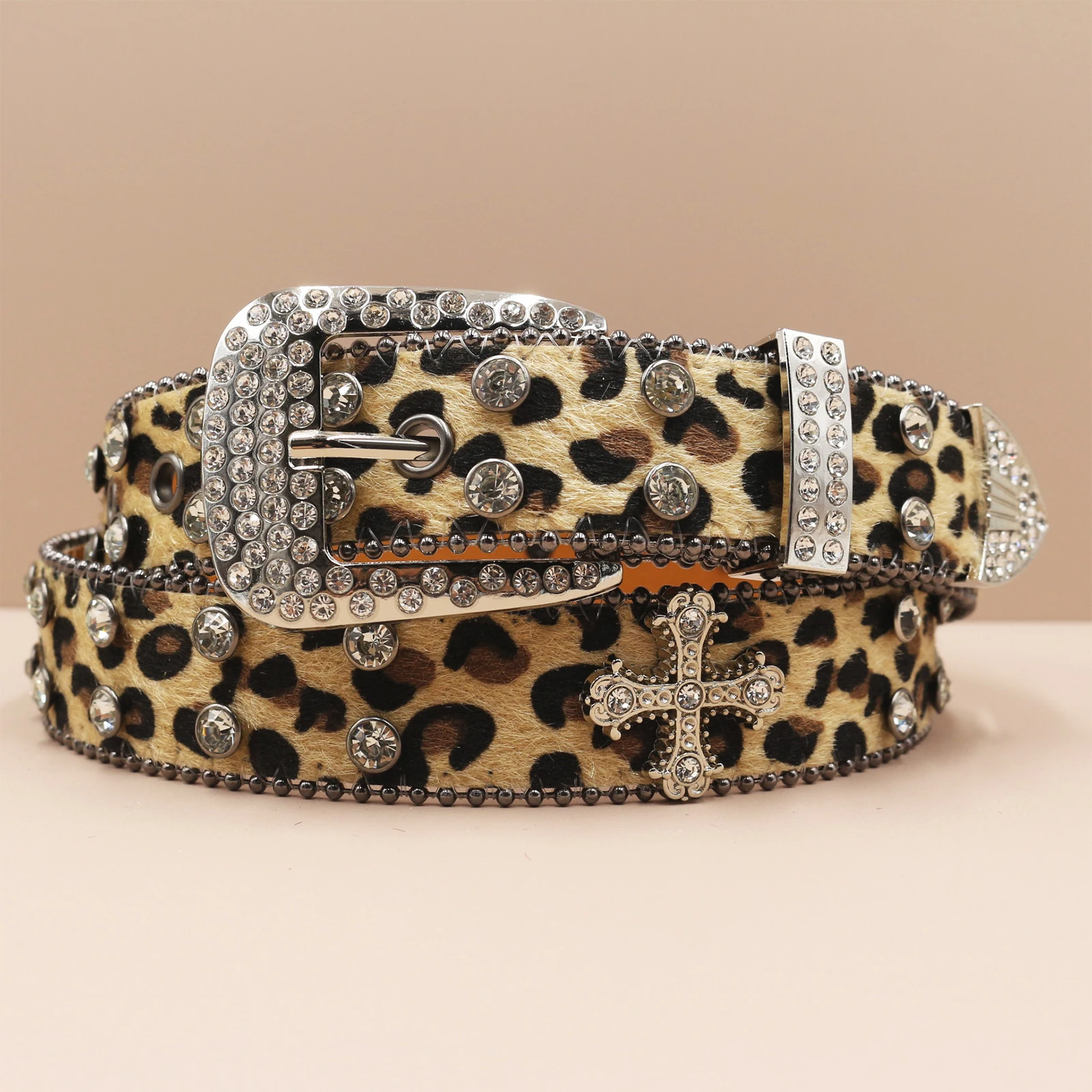 Leopard print Rhinestone Leather Belt for Men Women Large Size Belt Western Jeans Shiny Rivet Hip-hop Punk Rock Y2K Style