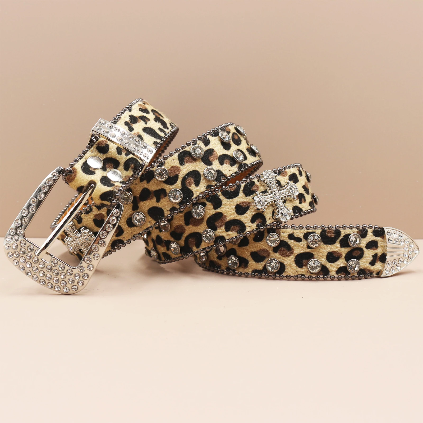 Leopard print Rhinestone Leather Belt for Men Women Large Size Belt Western Jeans Shiny Rivet Hip-hop Punk Rock Y2K Style