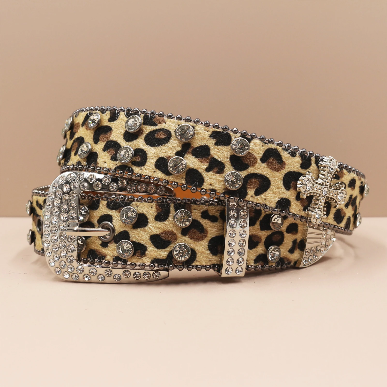 Leopard print Rhinestone Leather Belt for Men Women Large Size Belt Western Jeans Shiny Rivet Hip-hop Punk Rock Y2K Style