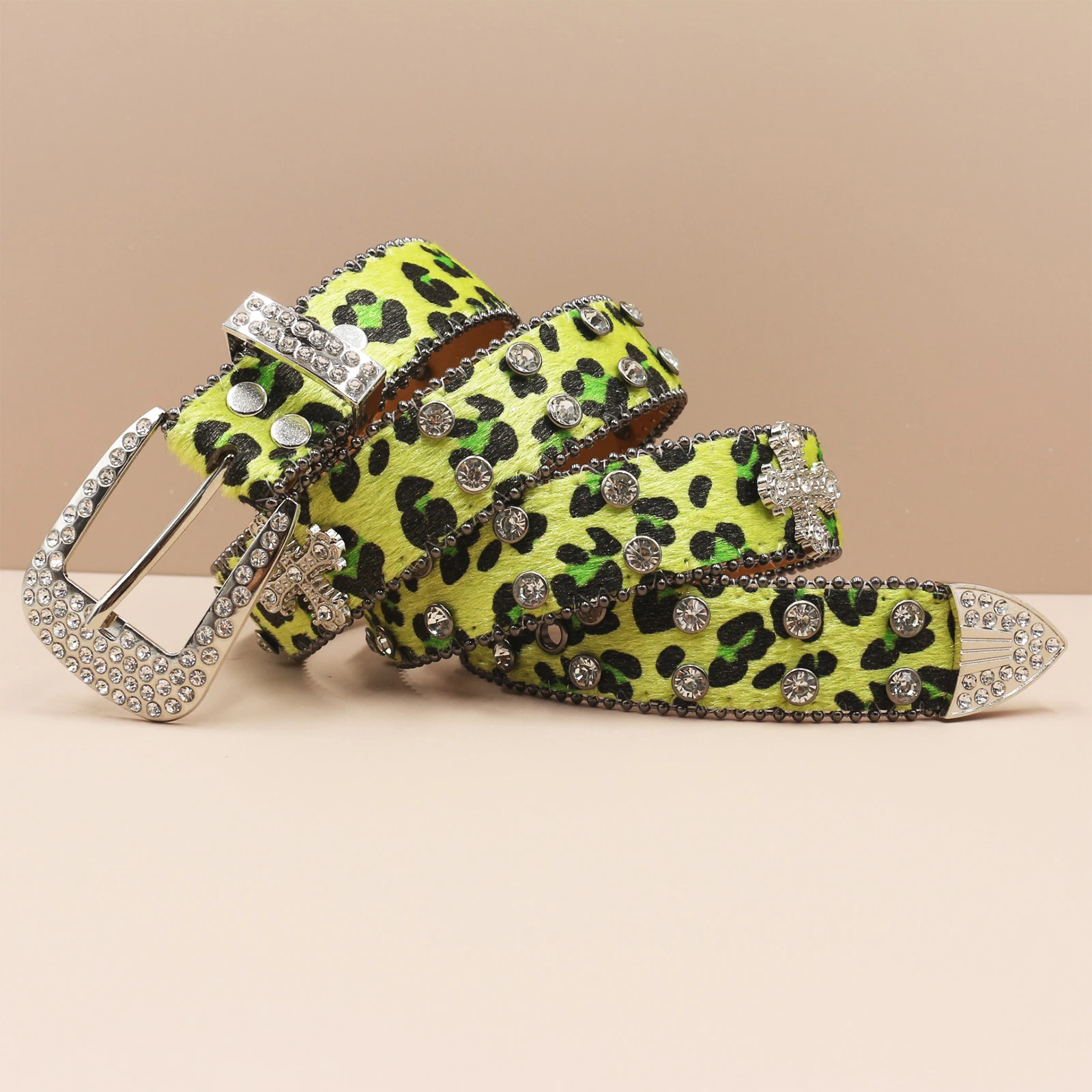 Leopard print Rhinestone Leather Belt for Men Women Large Size Belt Western Jeans Shiny Rivet Hip-hop Punk Rock Y2K Style