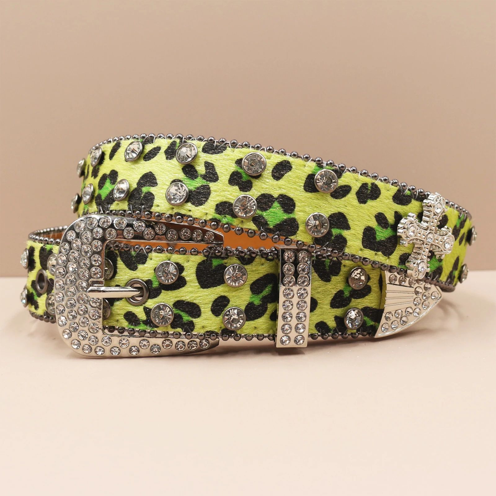 Leopard print Rhinestone Leather Belt for Men Women Large Size Belt Western Jeans Shiny Rivet Hip-hop Punk Rock Y2K Style