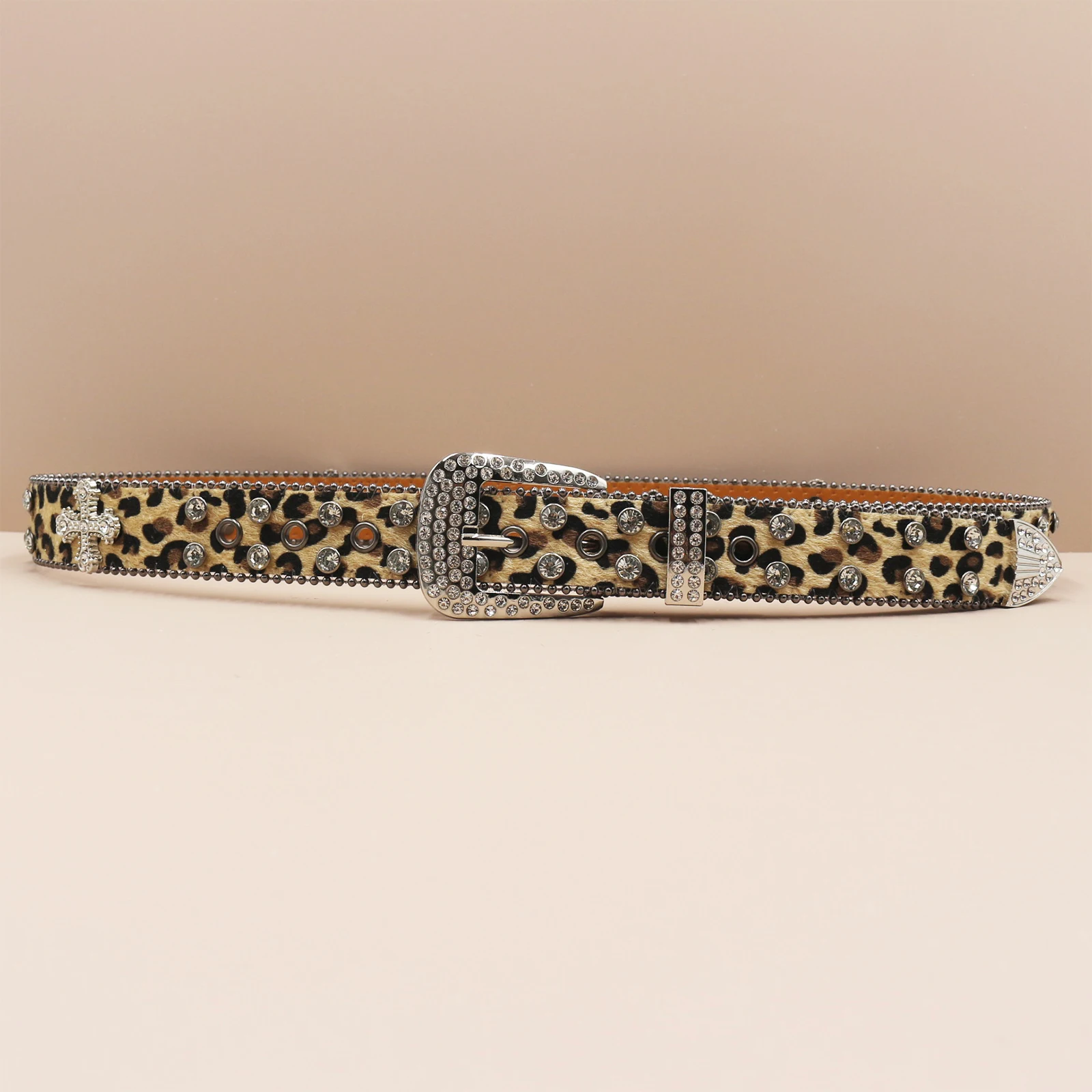 Leopard print Rhinestone Leather Belt for Men Women Large Size Belt Western Jeans Shiny Rivet Hip-hop Punk Rock Y2K Style