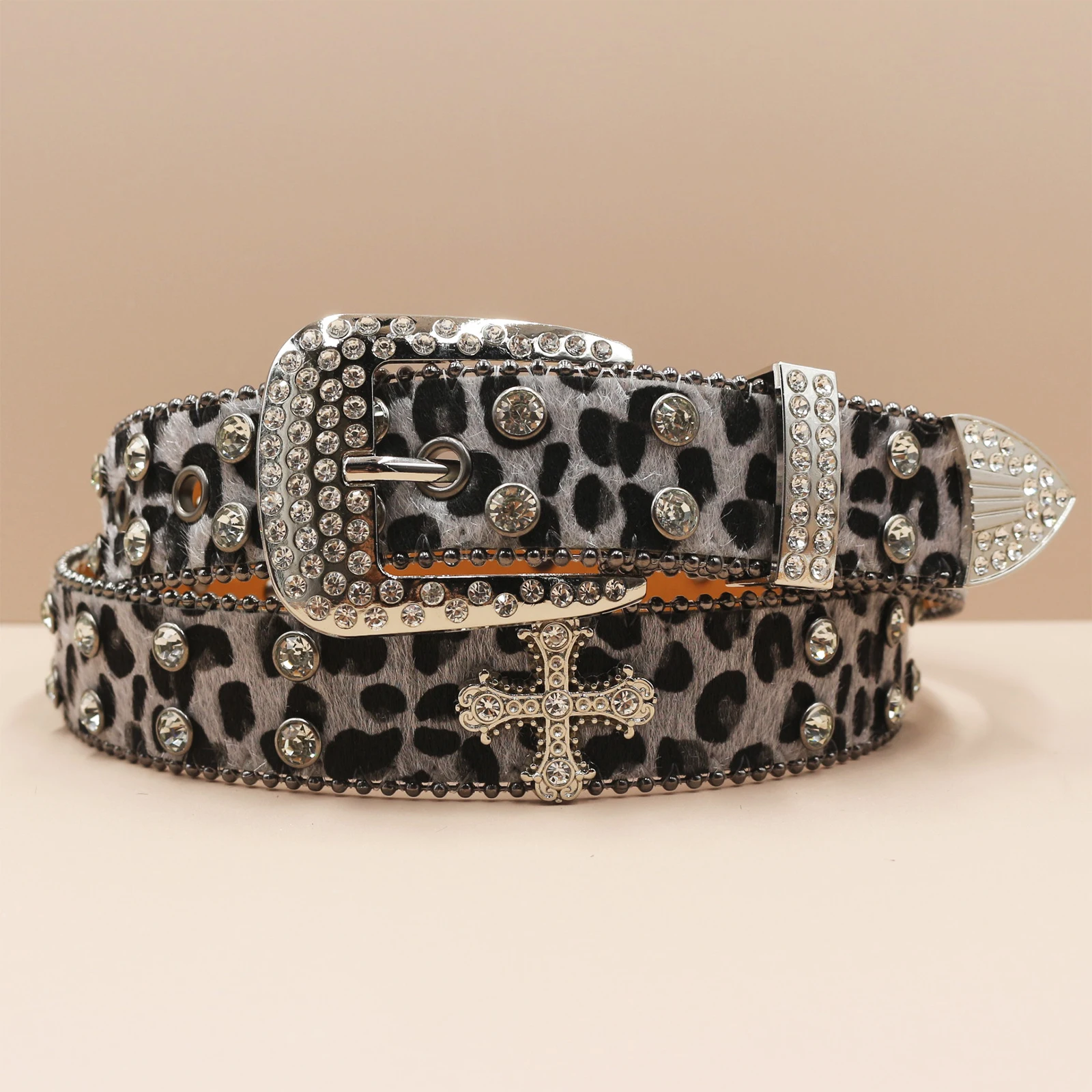 Leopard print Rhinestone Leather Belt for Men Women Large Size Belt Western Jeans Shiny Rivet Hip-hop Punk Rock Y2K Style