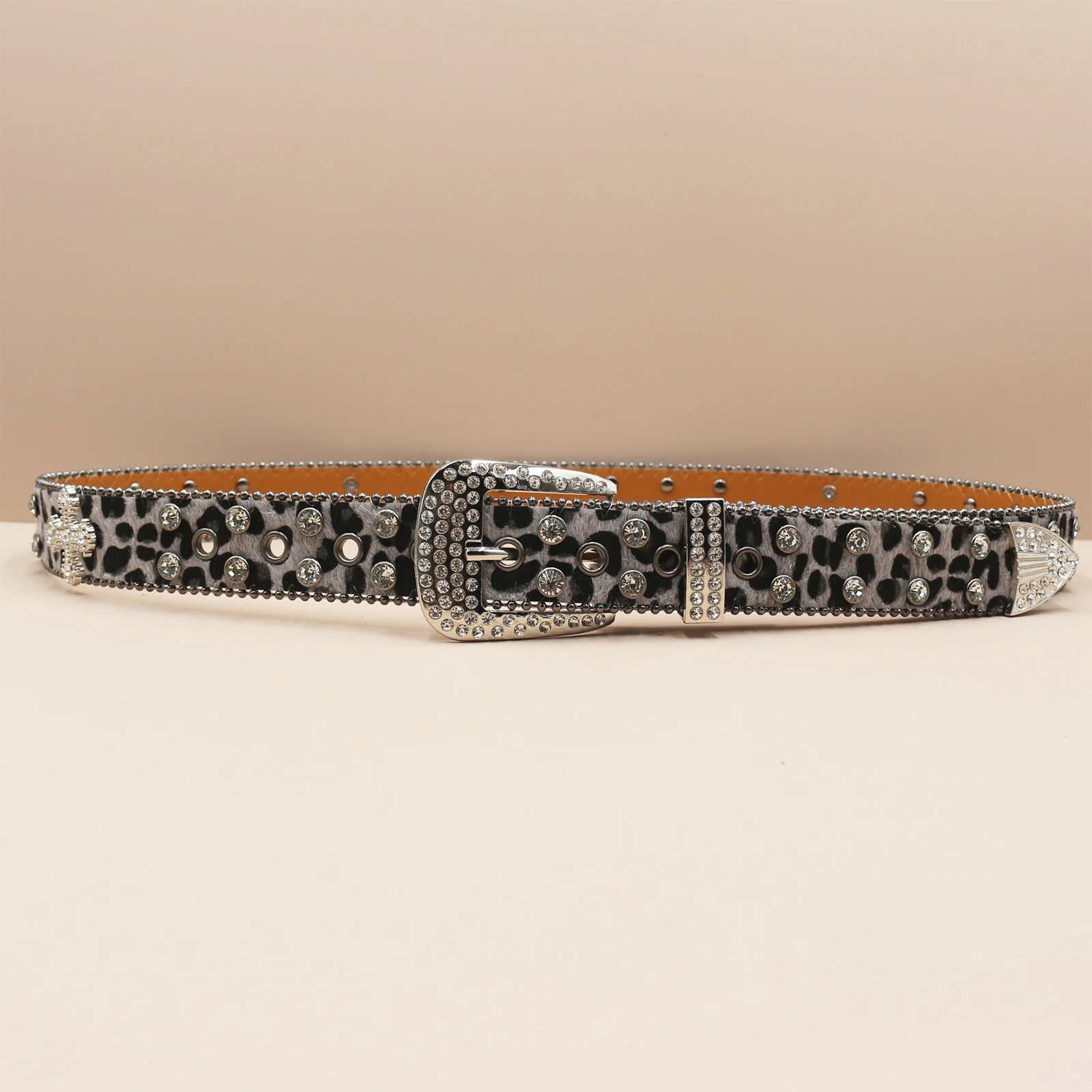 Leopard print Rhinestone Leather Belt for Men Women Large Size Belt Western Jeans Shiny Rivet Hip-hop Punk Rock Y2K Style