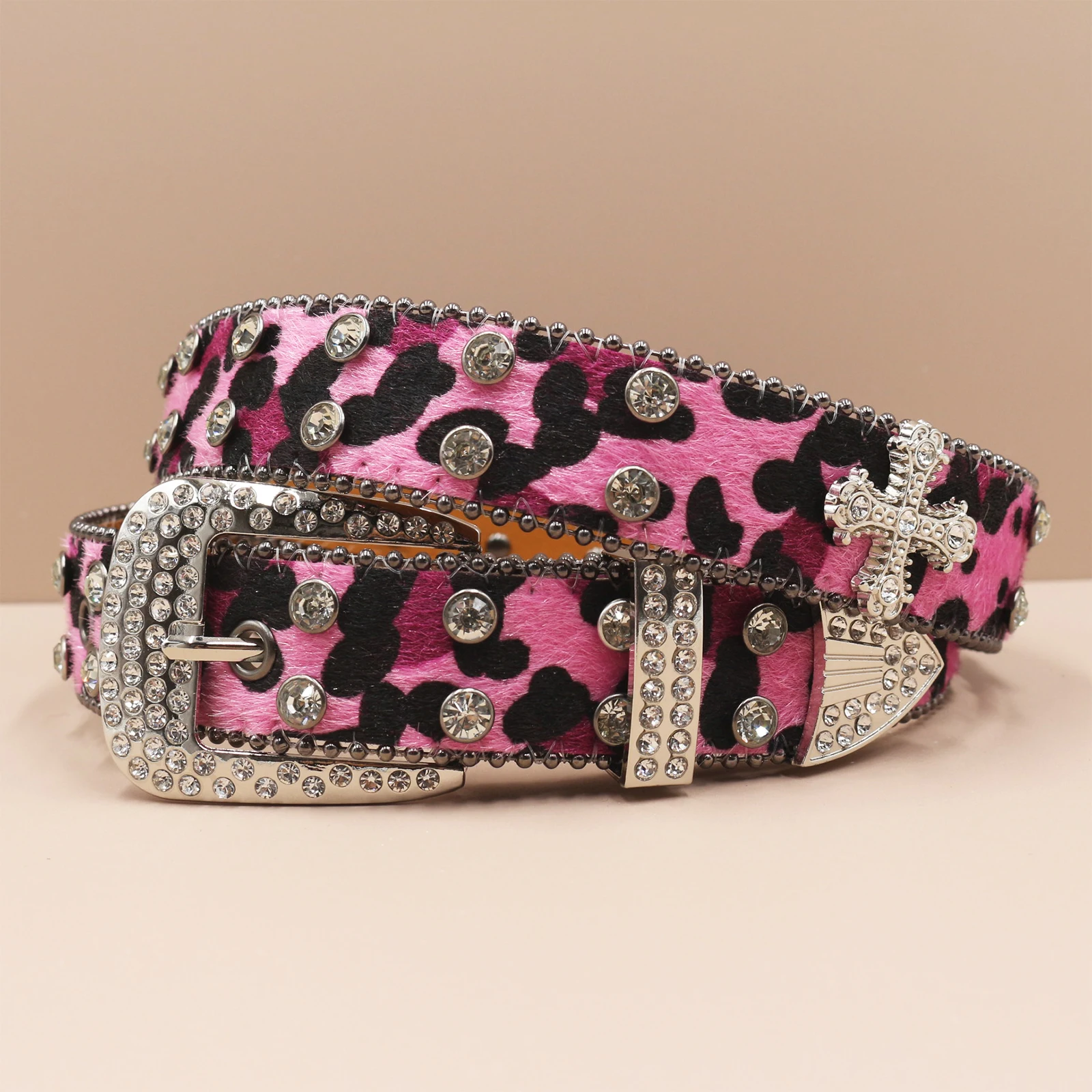 Leopard print Rhinestone Leather Belt for Men Women Large Size Belt Western Jeans Shiny Rivet Hip-hop Punk Rock Y2K Style