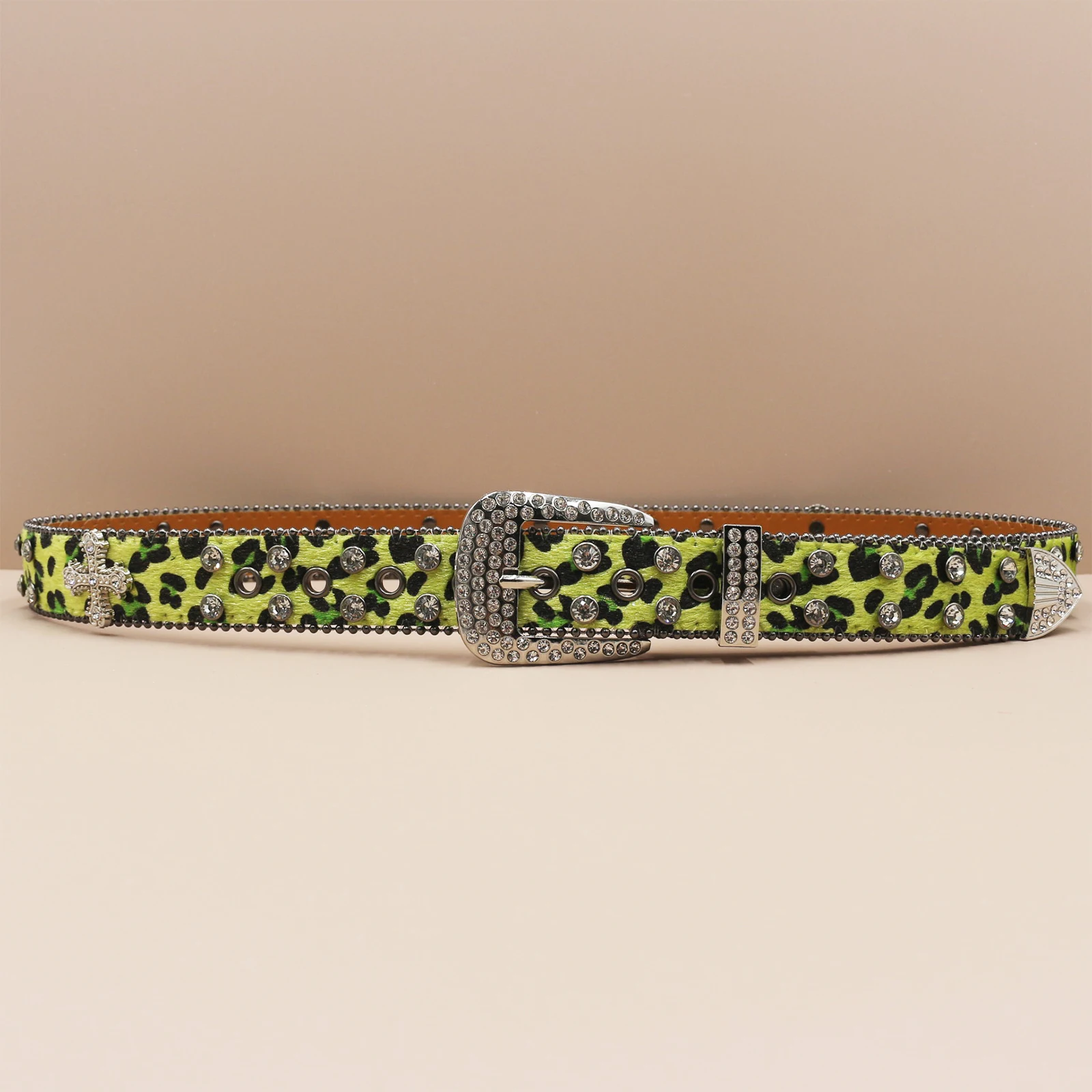 Leopard print Rhinestone Leather Belt for Men Women Large Size Belt Western Jeans Shiny Rivet Hip-hop Punk Rock Y2K Style