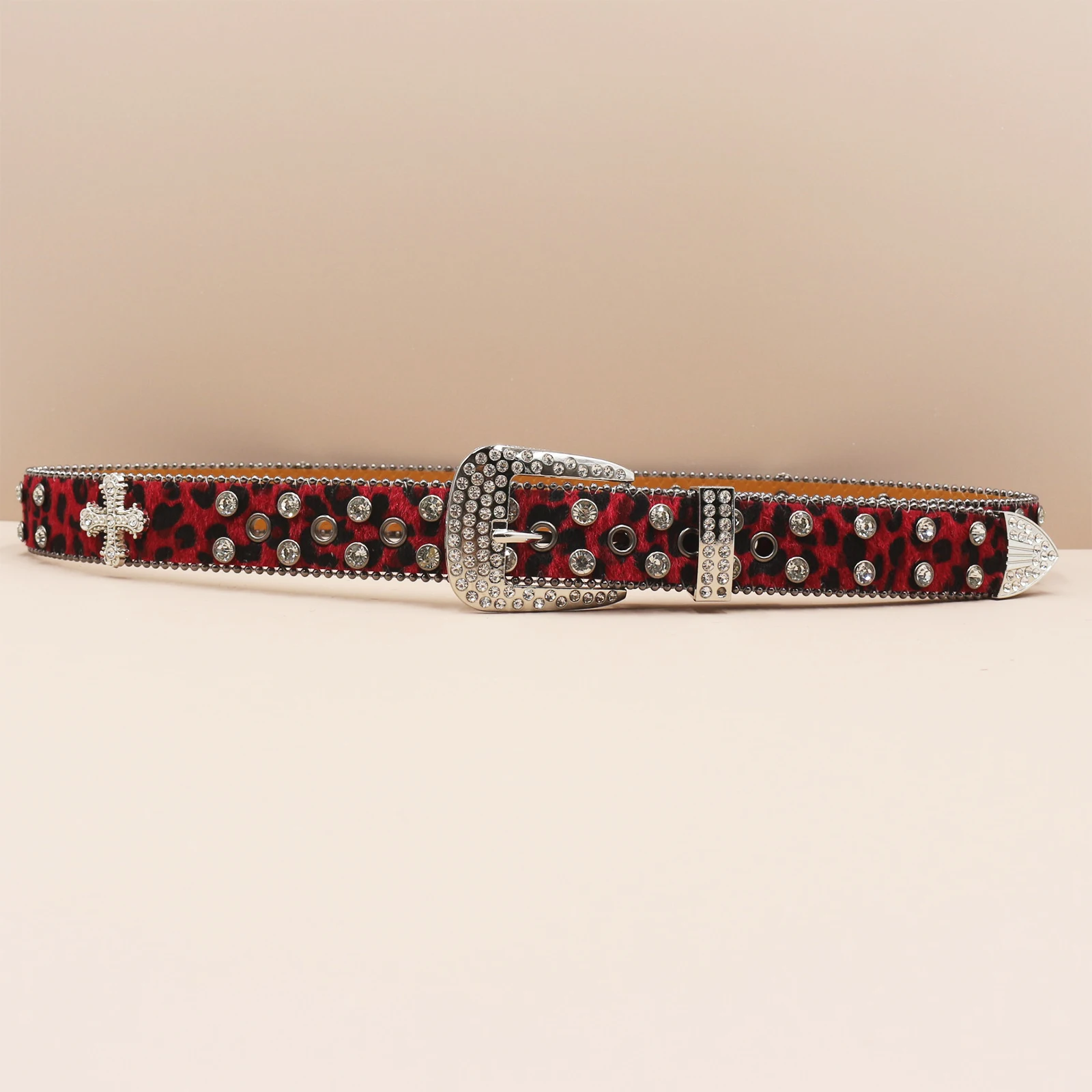 Leopard print Rhinestone Leather Belt for Men Women Large Size Belt Western Jeans Shiny Rivet Hip-hop Punk Rock Y2K Style