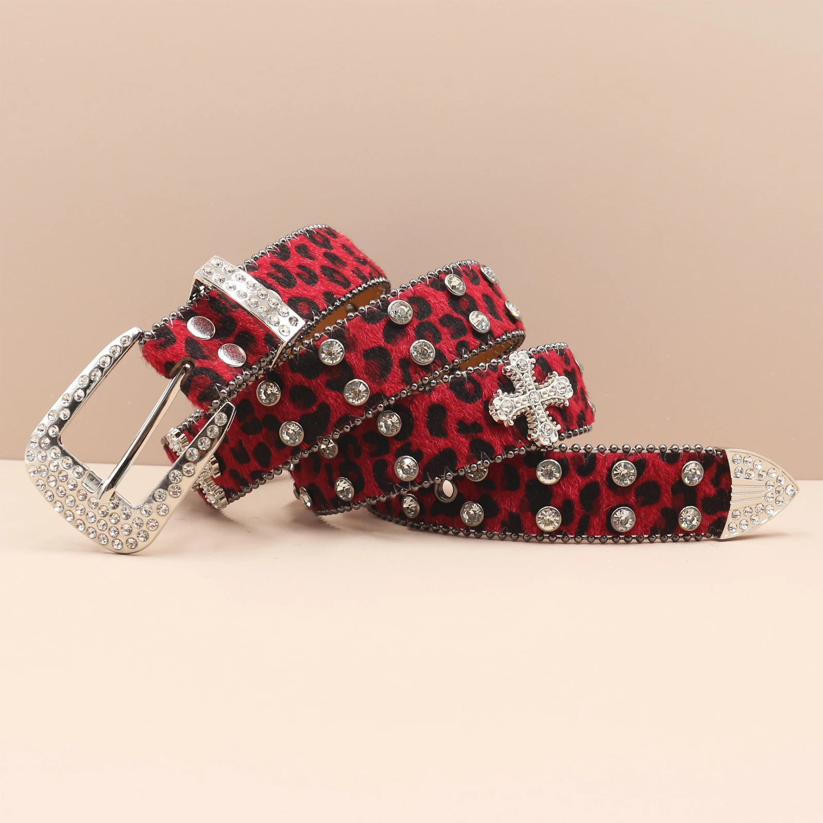 Leopard print Rhinestone Leather Belt for Men Women Large Size Belt Western Jeans Shiny Rivet Hip-hop Punk Rock Y2K Style