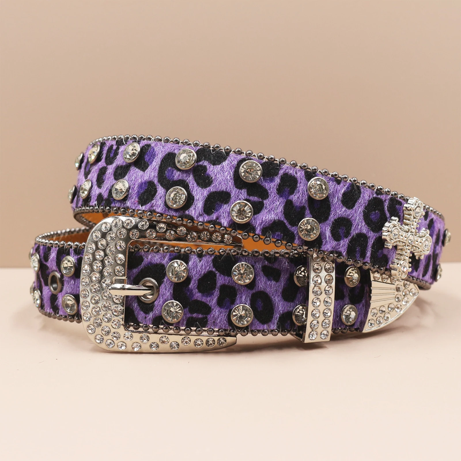 Leopard print Rhinestone Leather Belt for Men Women Large Size Belt Western Jeans Shiny Rivet Hip-hop Punk Rock Y2K Style