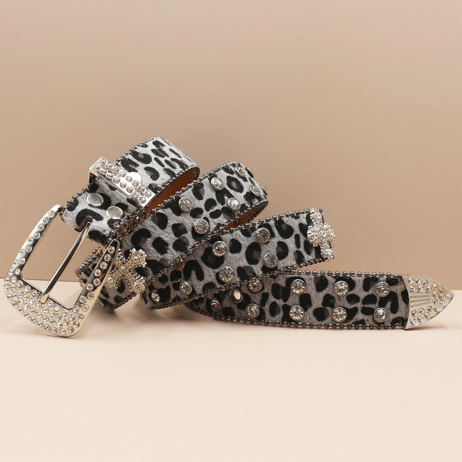 Leopard print Rhinestone Leather Belt for Men Women Large Size Belt Western Jeans Shiny Rivet Hip-hop Punk Rock Y2K Style
