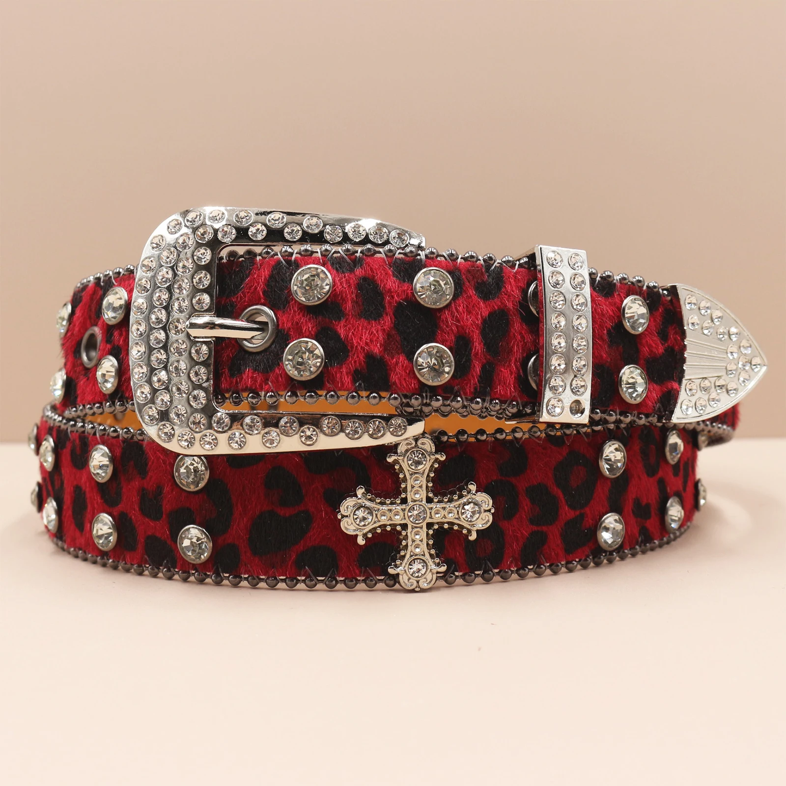Leopard print Rhinestone Leather Belt for Men Women Large Size Belt Western Jeans Shiny Rivet Hip-hop Punk Rock Y2K Style