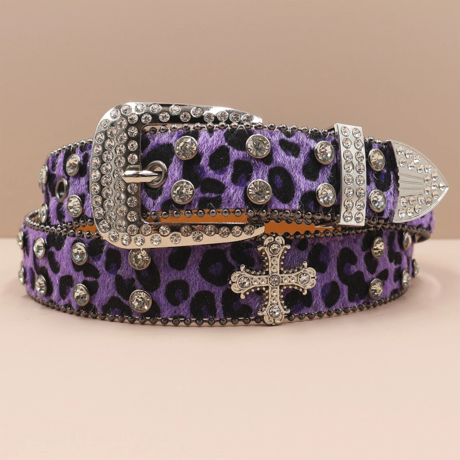 Leopard print Rhinestone Leather Belt for Men Women Large Size Belt Western Jeans Shiny Rivet Hip-hop Punk Rock Y2K Style