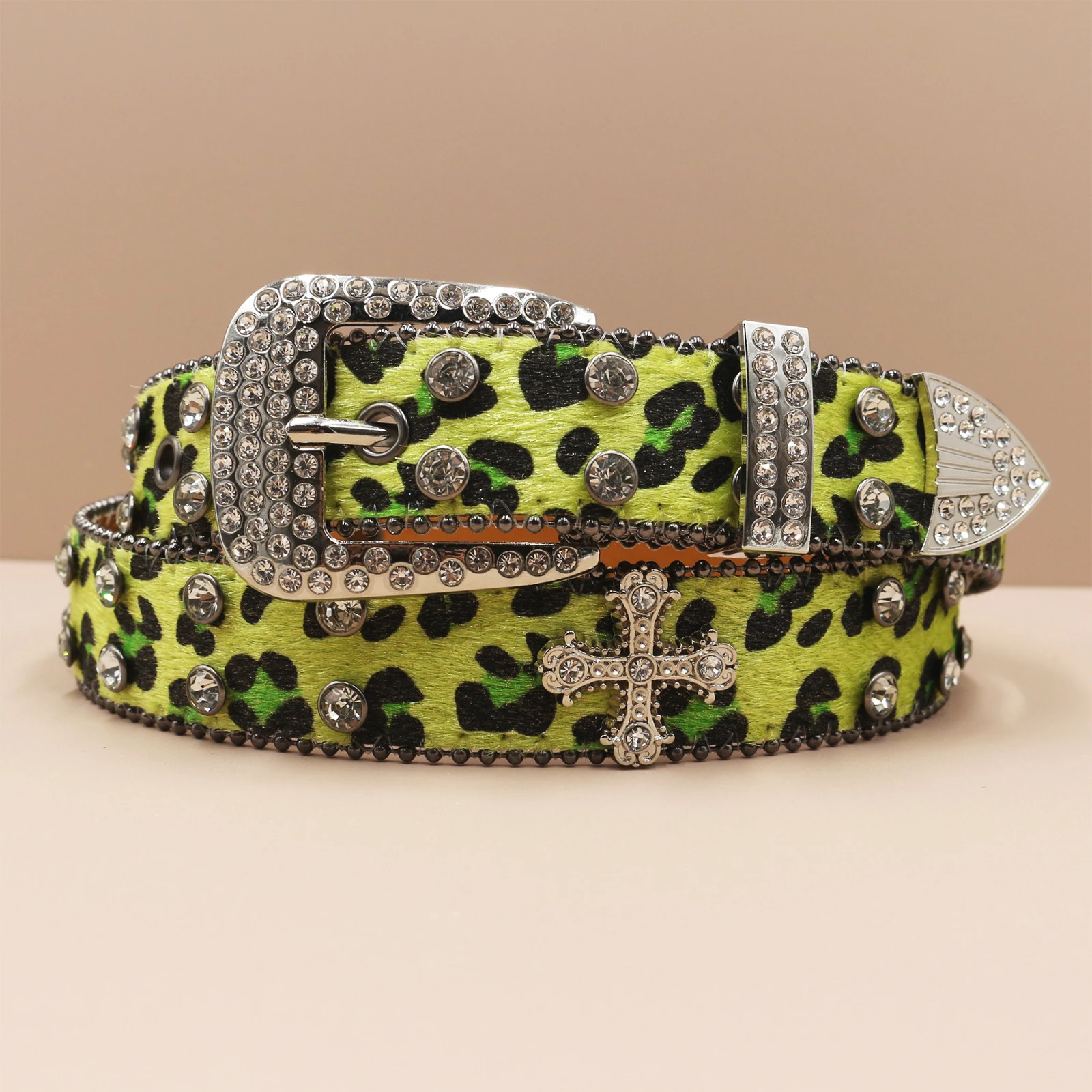 Leopard print Rhinestone Leather Belt for Men Women Large Size Belt Western Jeans Shiny Rivet Hip-hop Punk Rock Y2K Style
