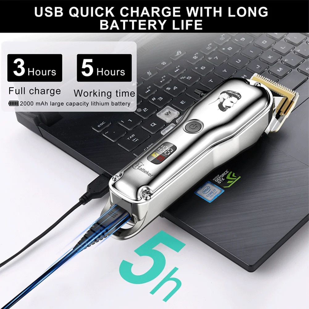 HATTEKER Professional Hair Clipper for Man USB Rechargeable Electric Cordless Beard Trimmer Barber Hair Cutting Machine