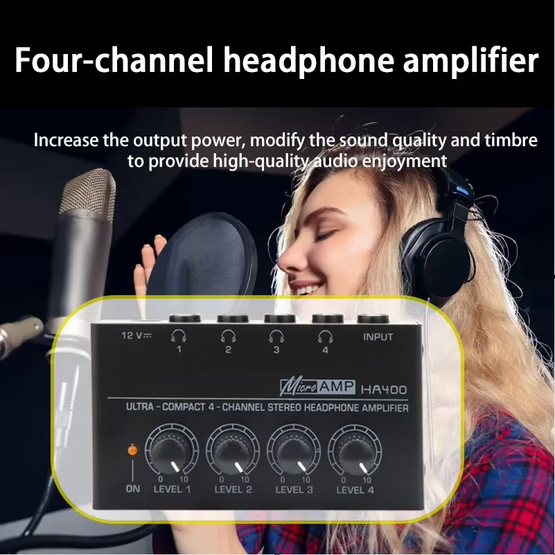 Ha400 Mini Amplifier Headphone Amplifier 4 Channels Ultra-Compact Stereo Audio Amplifier Earphone Amplifier with Power Adapter