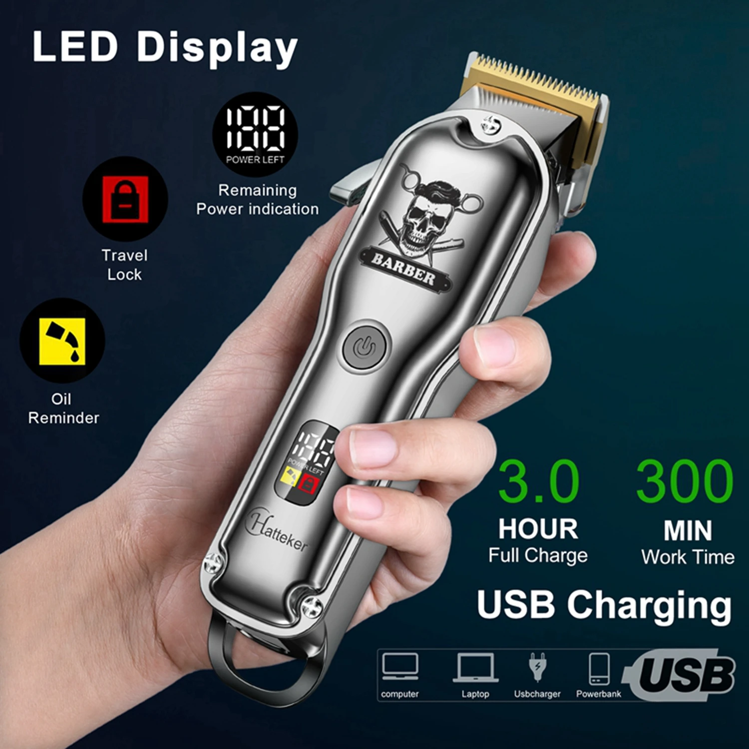 HATTEKER Professional Men's Hair Clipper USB Rechargeable Electric Cordless Beard Trimmer Barber Hair Cutting Machine