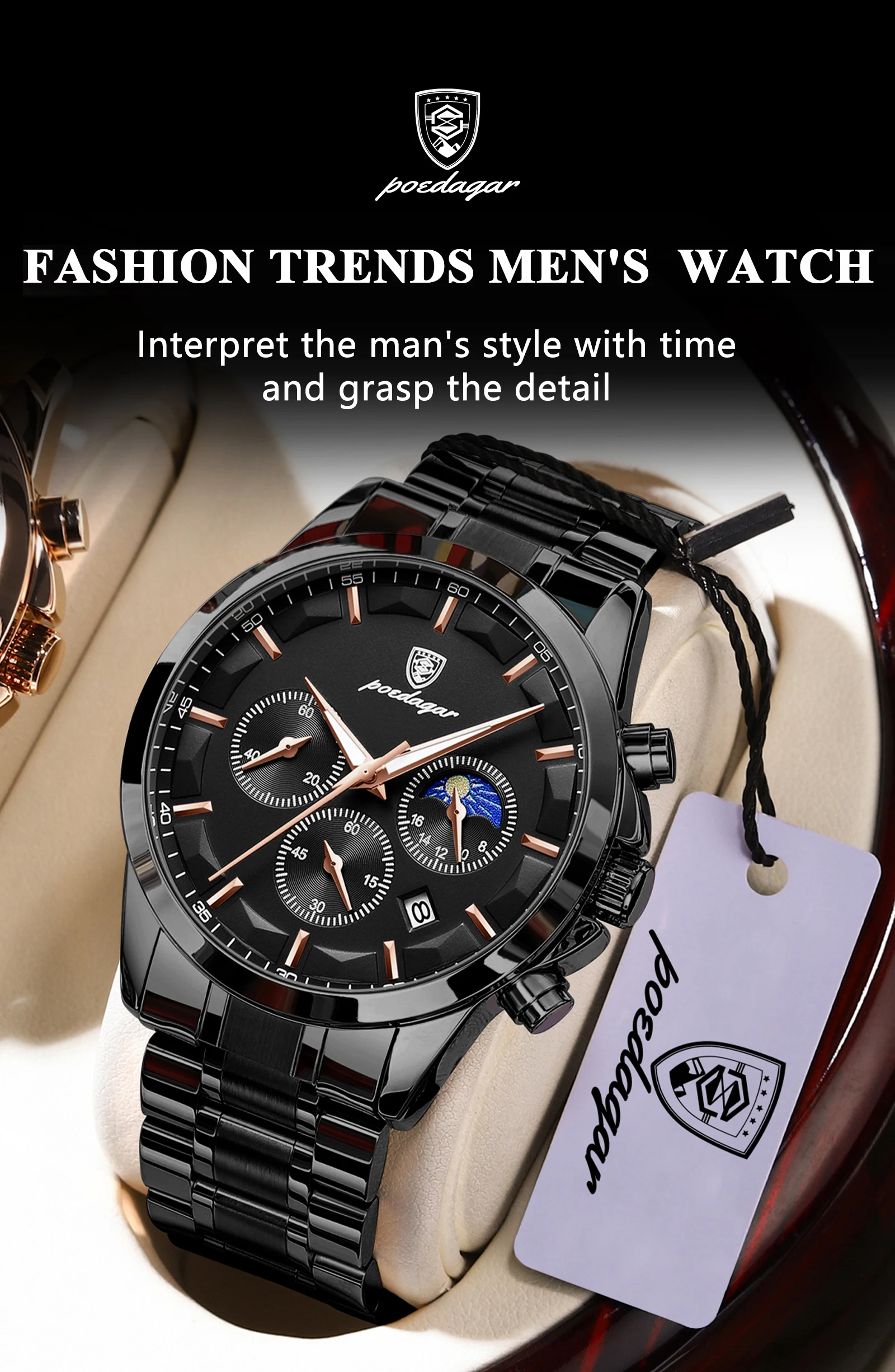 POEDAGAR Top Business Men's Watches Waterproof Luminous Stainless Steel Fashion Men Wristwatch Chronograph Date Man Quartz Watch