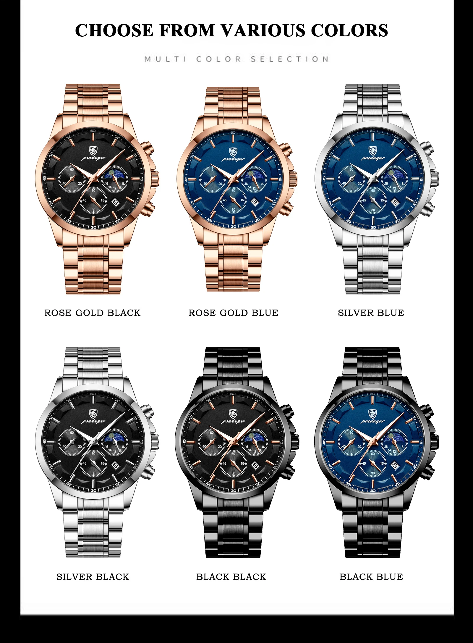 POEDAGAR Top Business Men's Watches Waterproof Luminous Stainless Steel Fashion Men Wristwatch Chronograph Date Man Quartz Watch