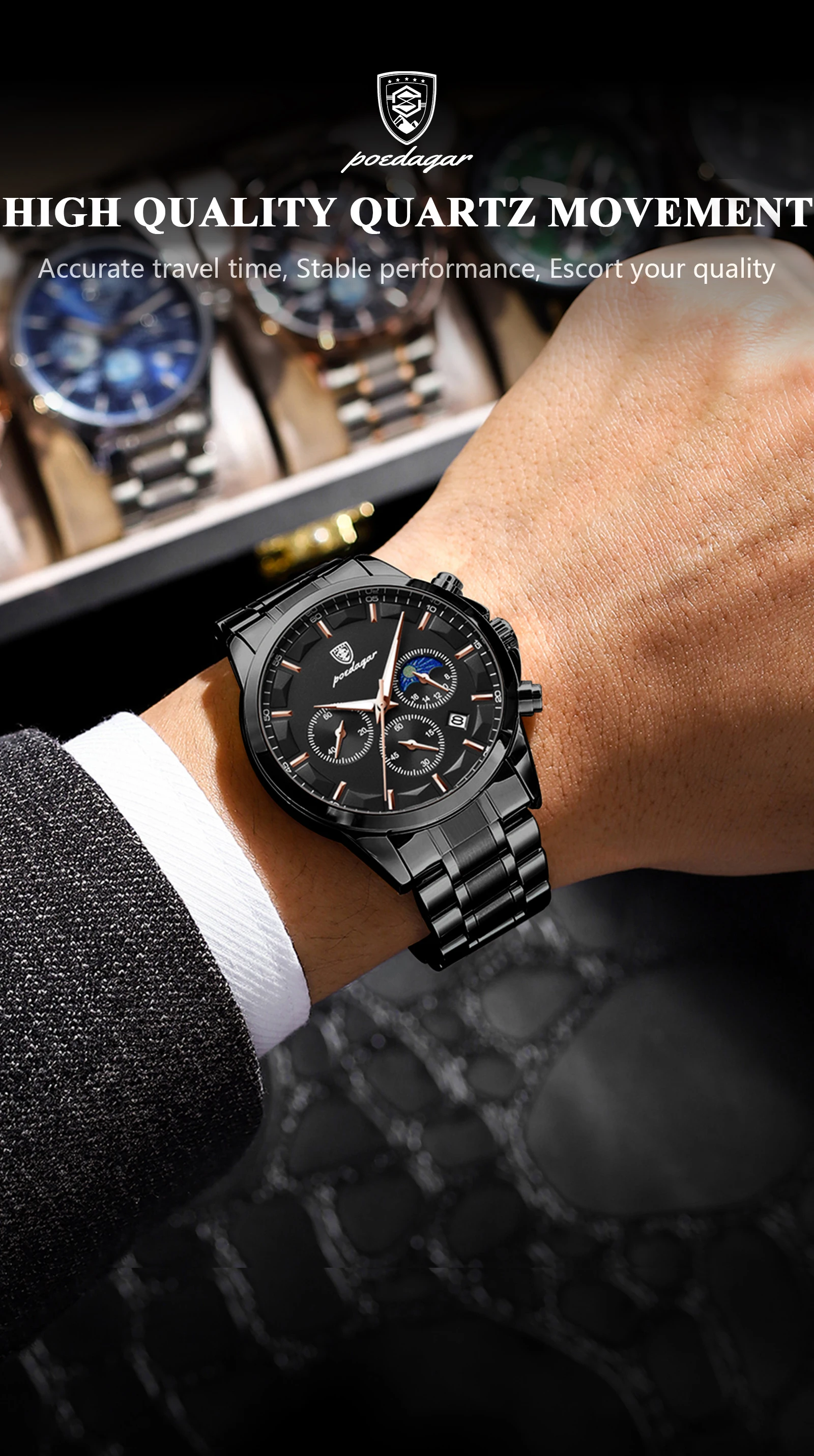 POEDAGAR Top Business Men's Watches Waterproof Luminous Stainless Steel Fashion Men Wristwatch Chronograph Date Man Quartz Watch