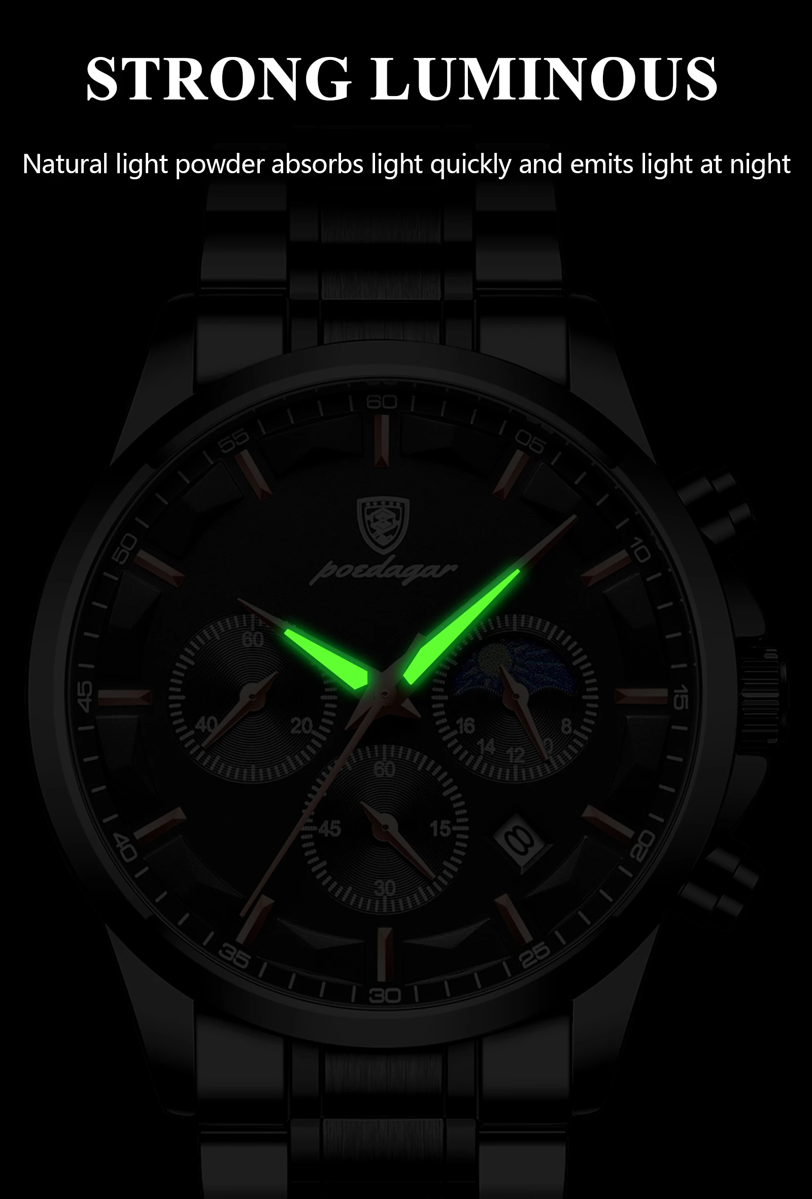 POEDAGAR Top Business Men's Watches Waterproof Luminous Stainless Steel Fashion Men Wristwatch Chronograph Date Man Quartz Watch