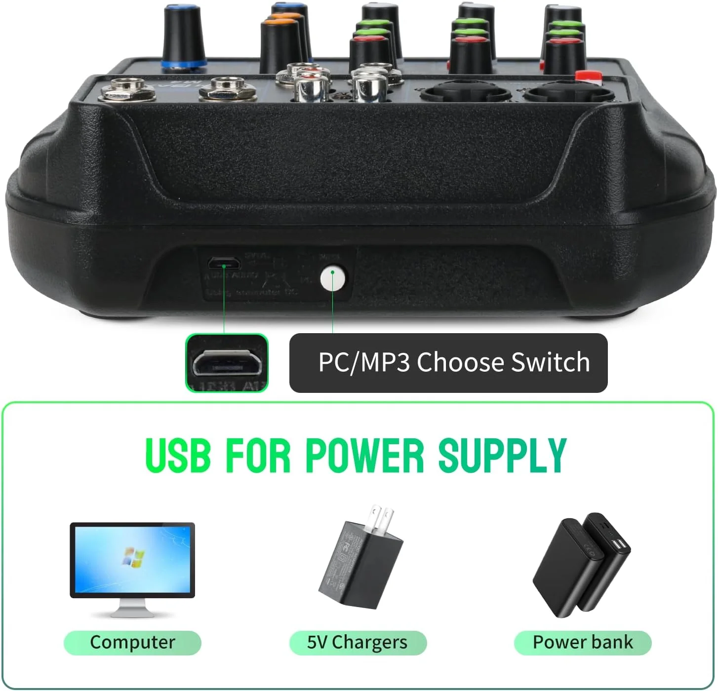 TAVOSOP Portable 4 Channel Audio Mixer Recording Sound Console Card With BT 48V USB Interface for DJ Karaoke PC MP3 Microphone