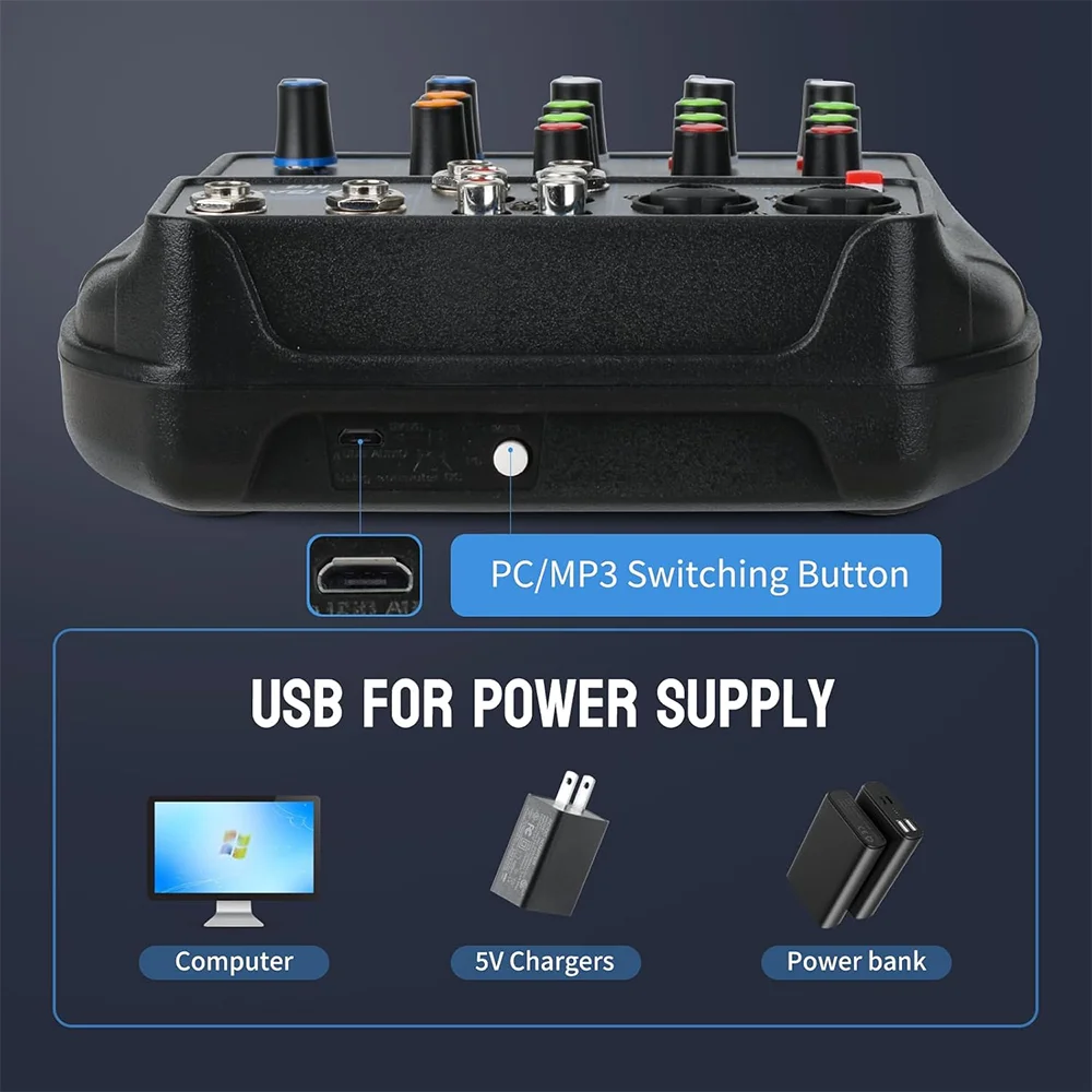 TAVOSOP Portable 4 Channel Audio Mixer Recording Sound Console Card With BT 48V USB Interface for DJ Karaoke PC MP3 Microphone
